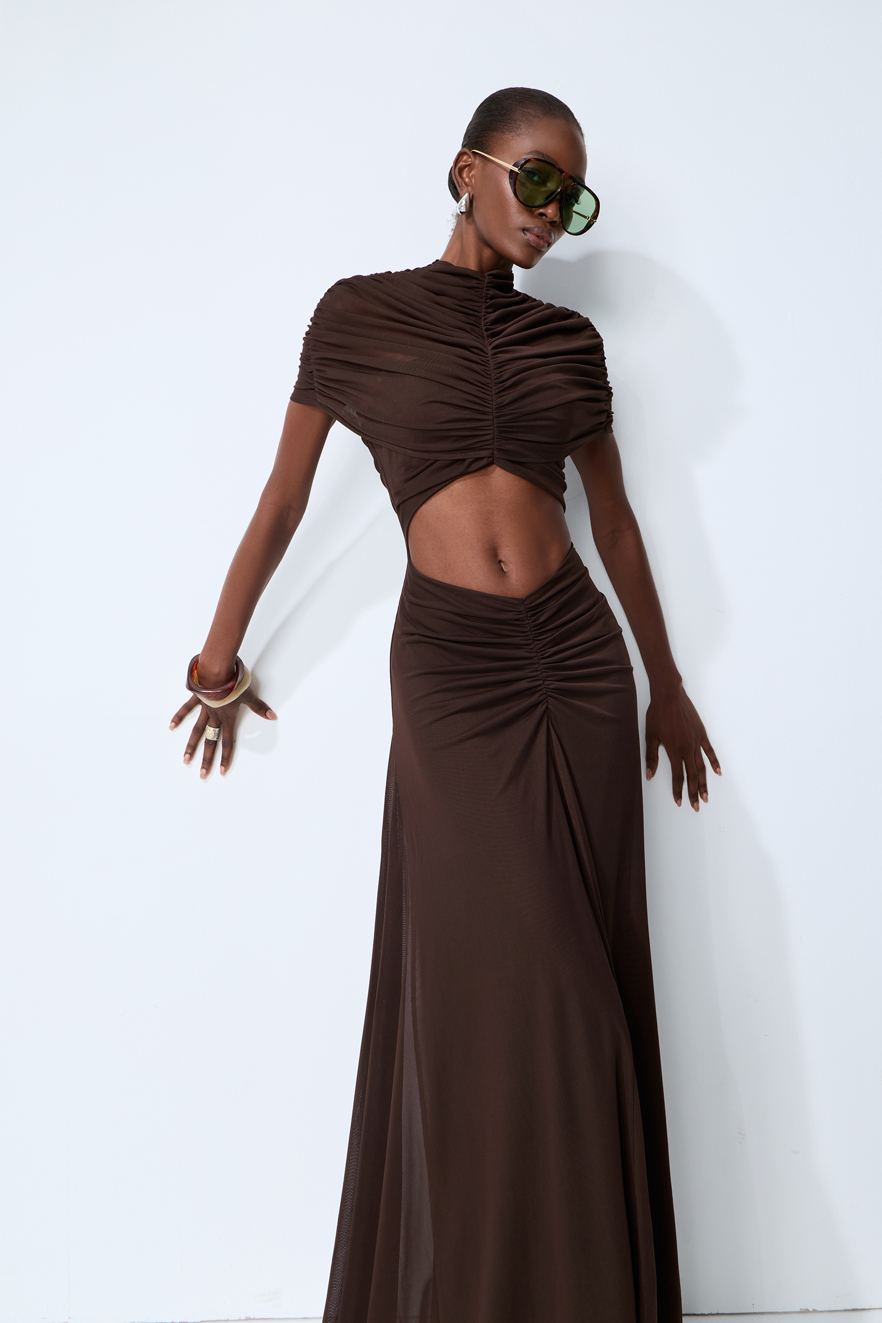 Modern Muse Brown High Neck Cutout Maxi Dress
