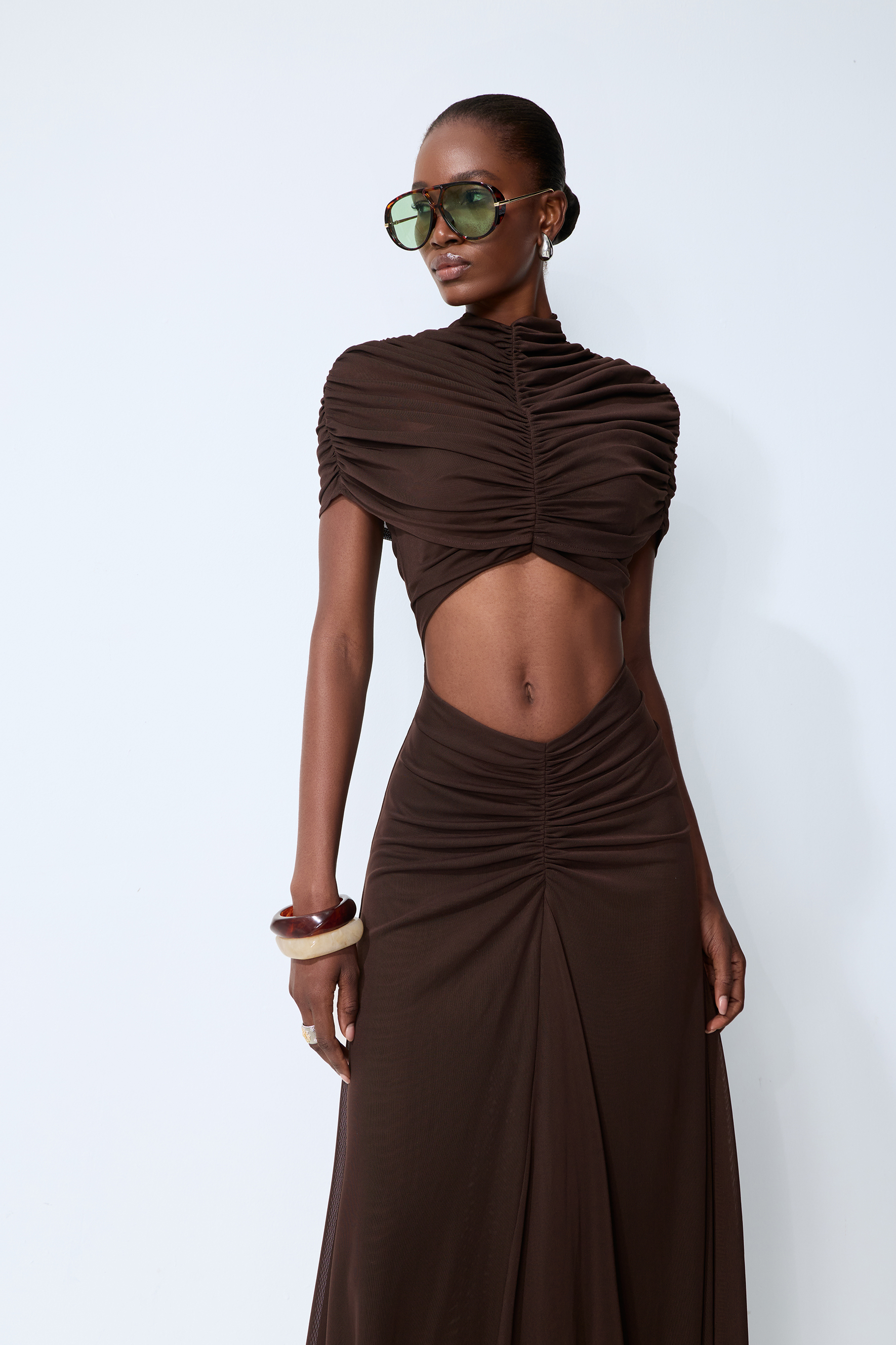 Modern Muse Brown High Neck Cutout Maxi Dress