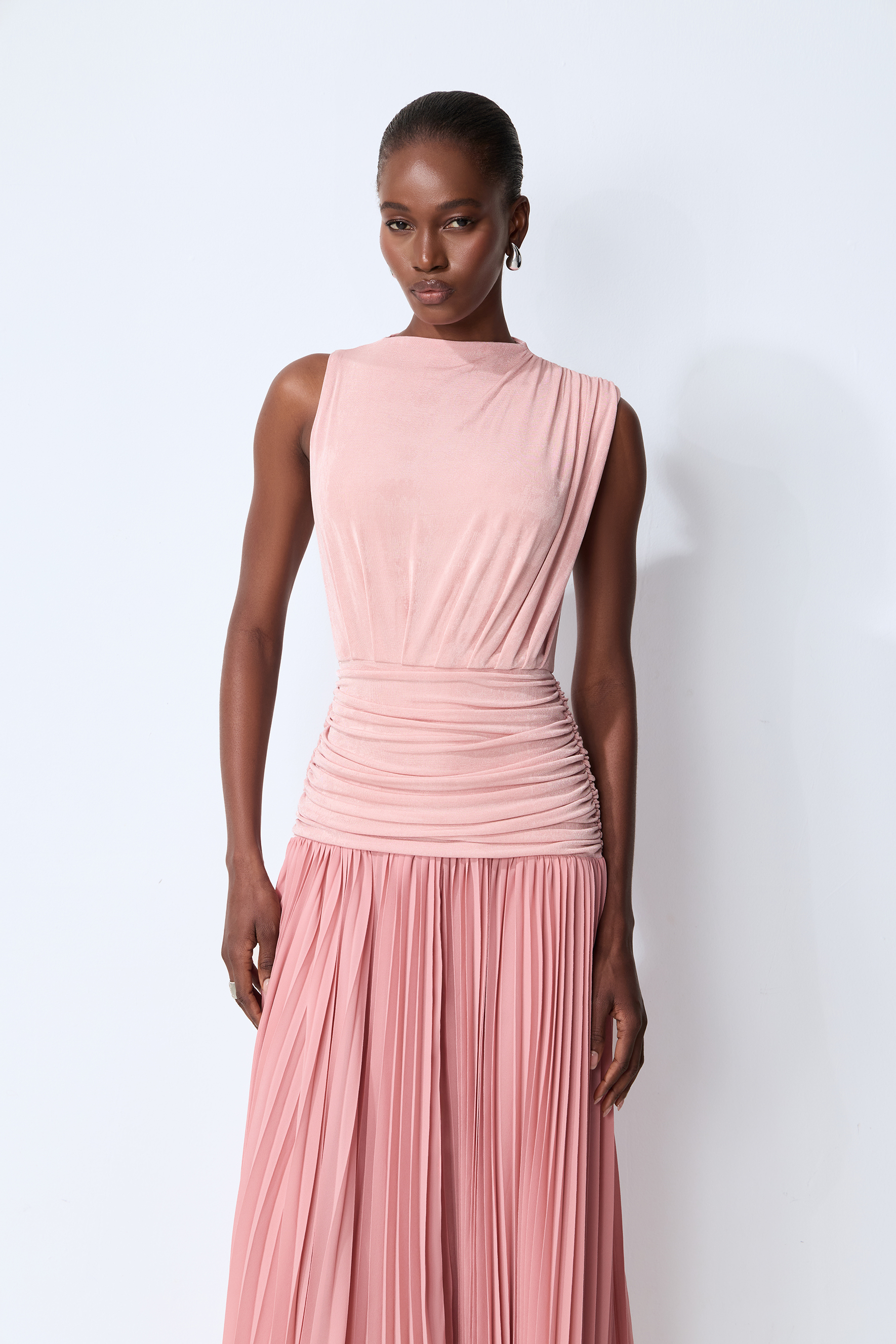 Forever In My Heart Pink Ruched Bodice Pleated Maxi Dress
