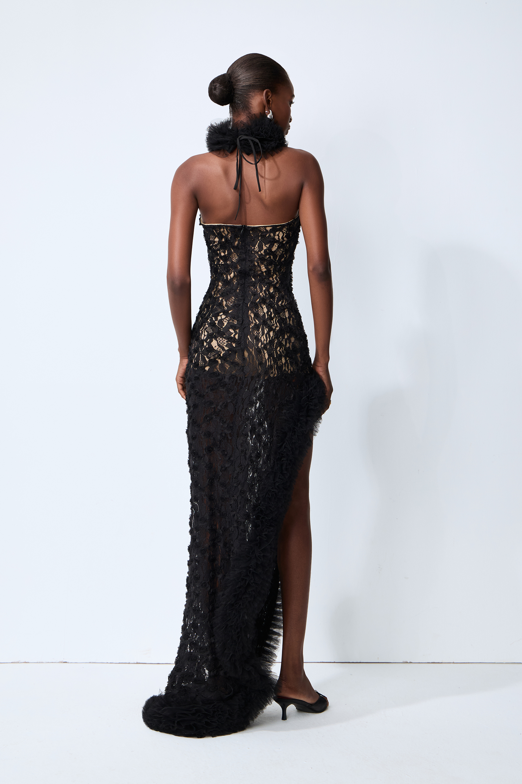 Midnight Mischief Black Lace High Slit Maxi Dress