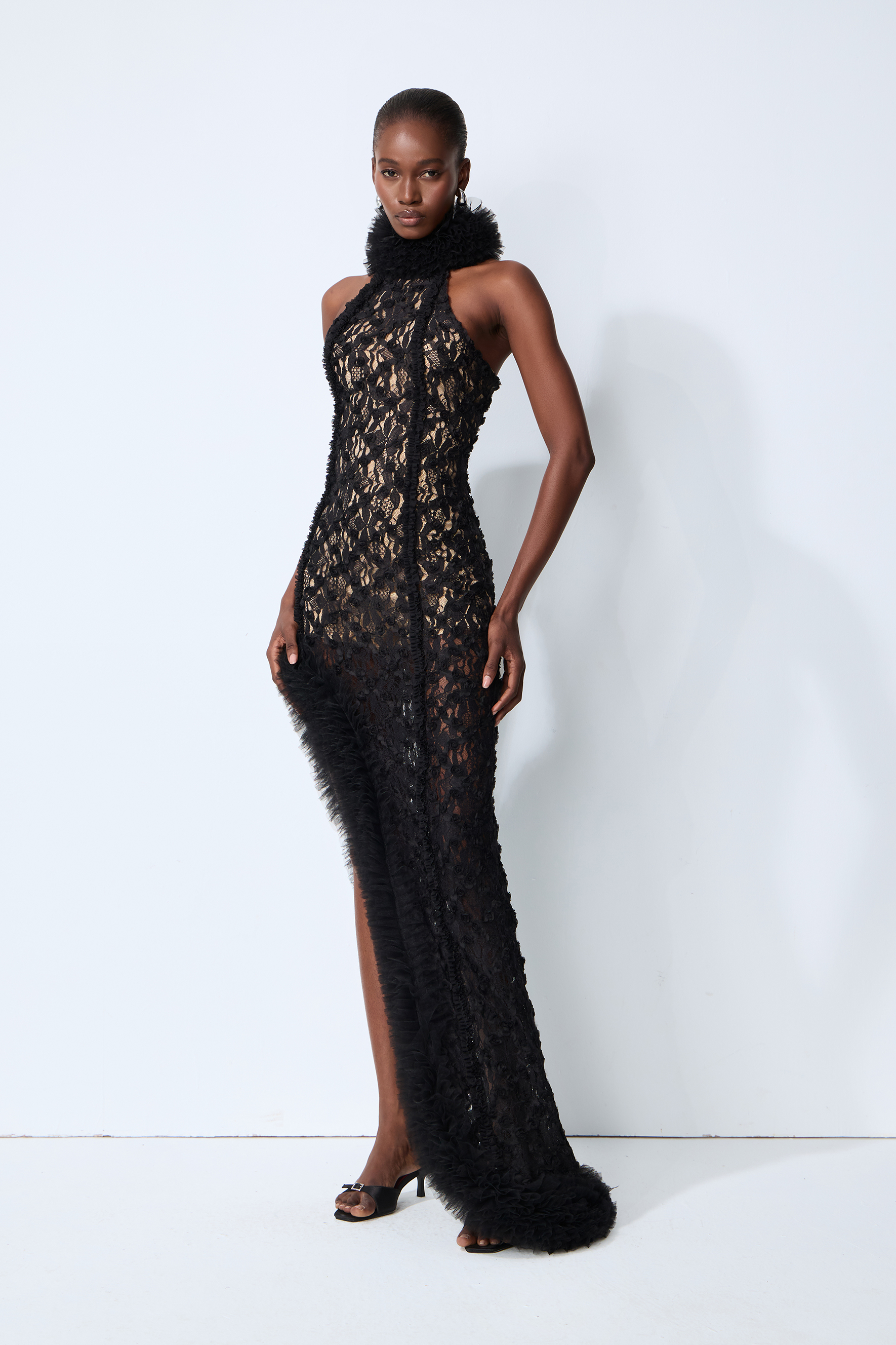 Midnight Mischief Black Lace High Slit Maxi Dress