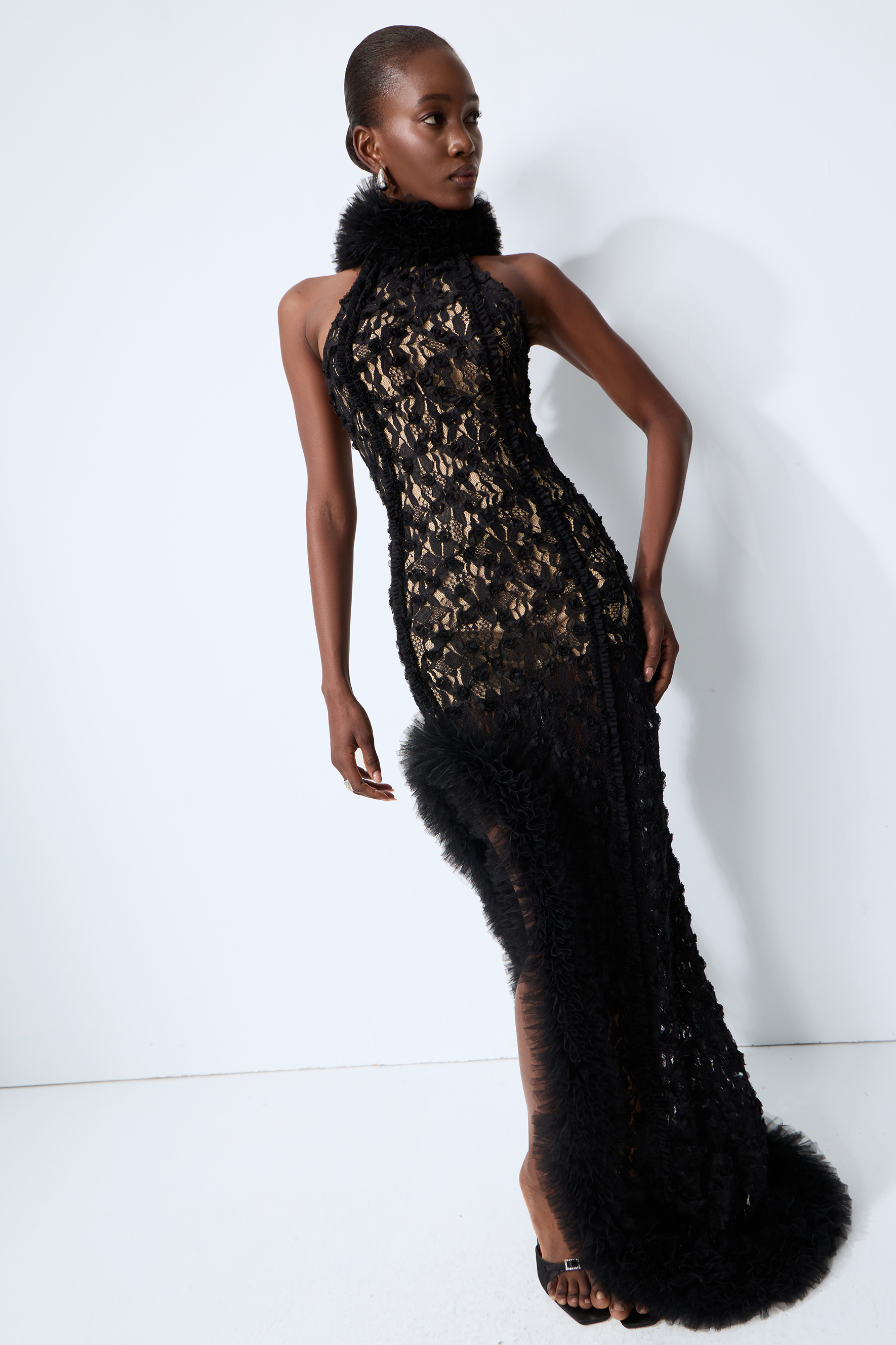 Midnight Mischief Black Lace High Slit Maxi Dress