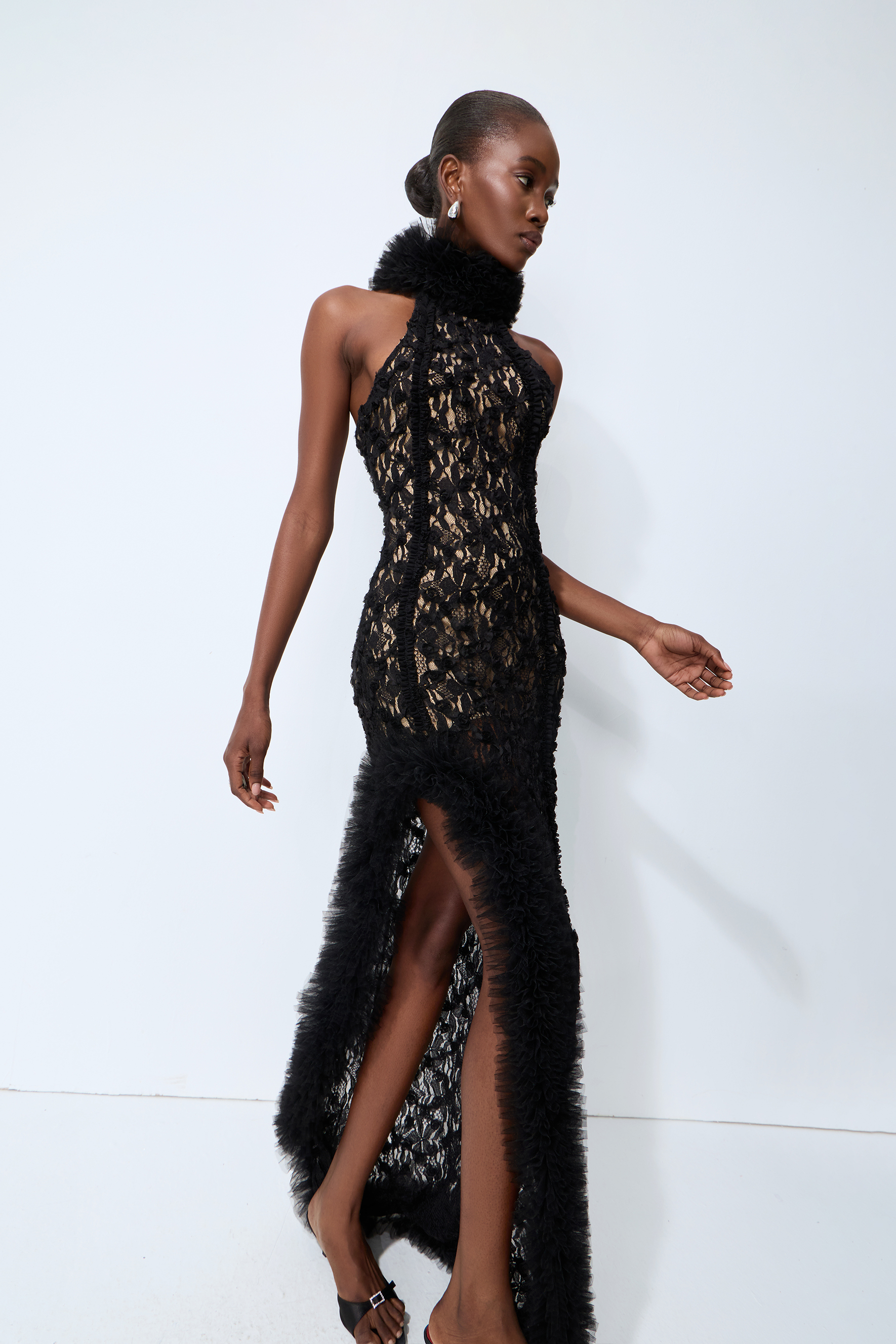Midnight Mischief Black Lace High Slit Maxi Dress