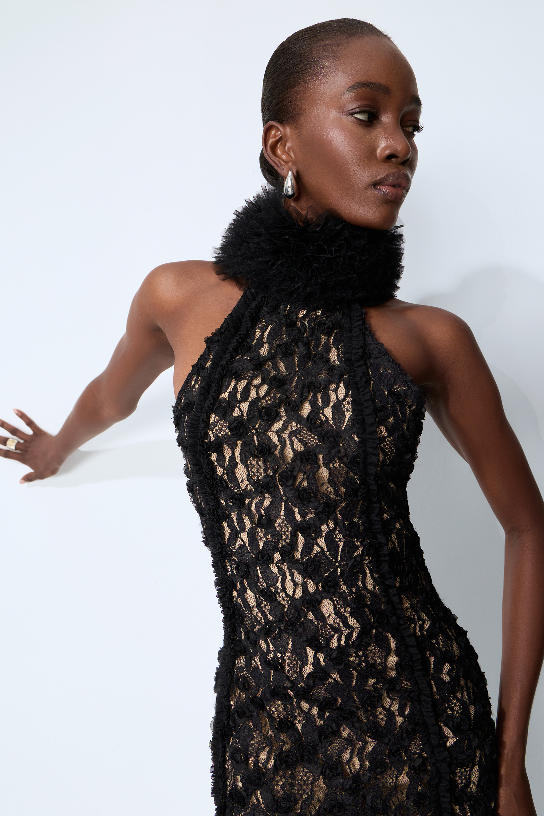 Midnight Mischief Black Lace High Slit Maxi Dress