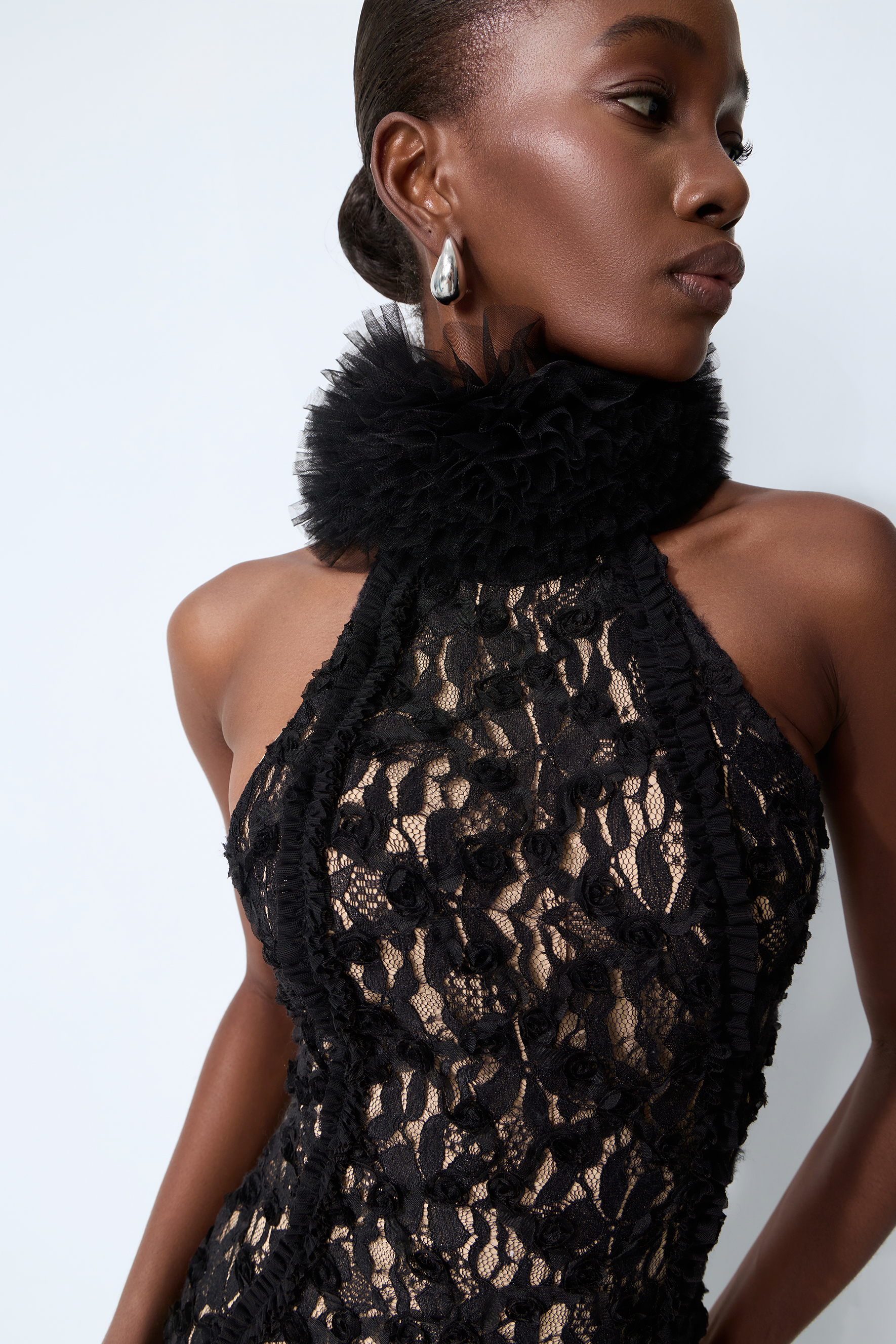 Midnight Mischief Black Lace High Slit Maxi Dress