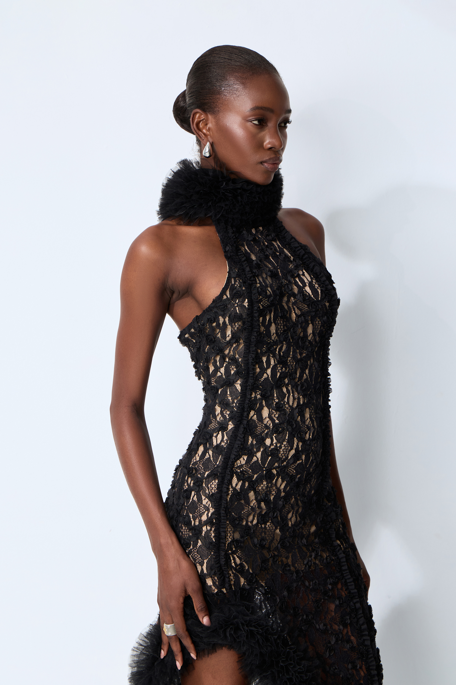 Midnight Mischief Black Lace High Slit Maxi Dress