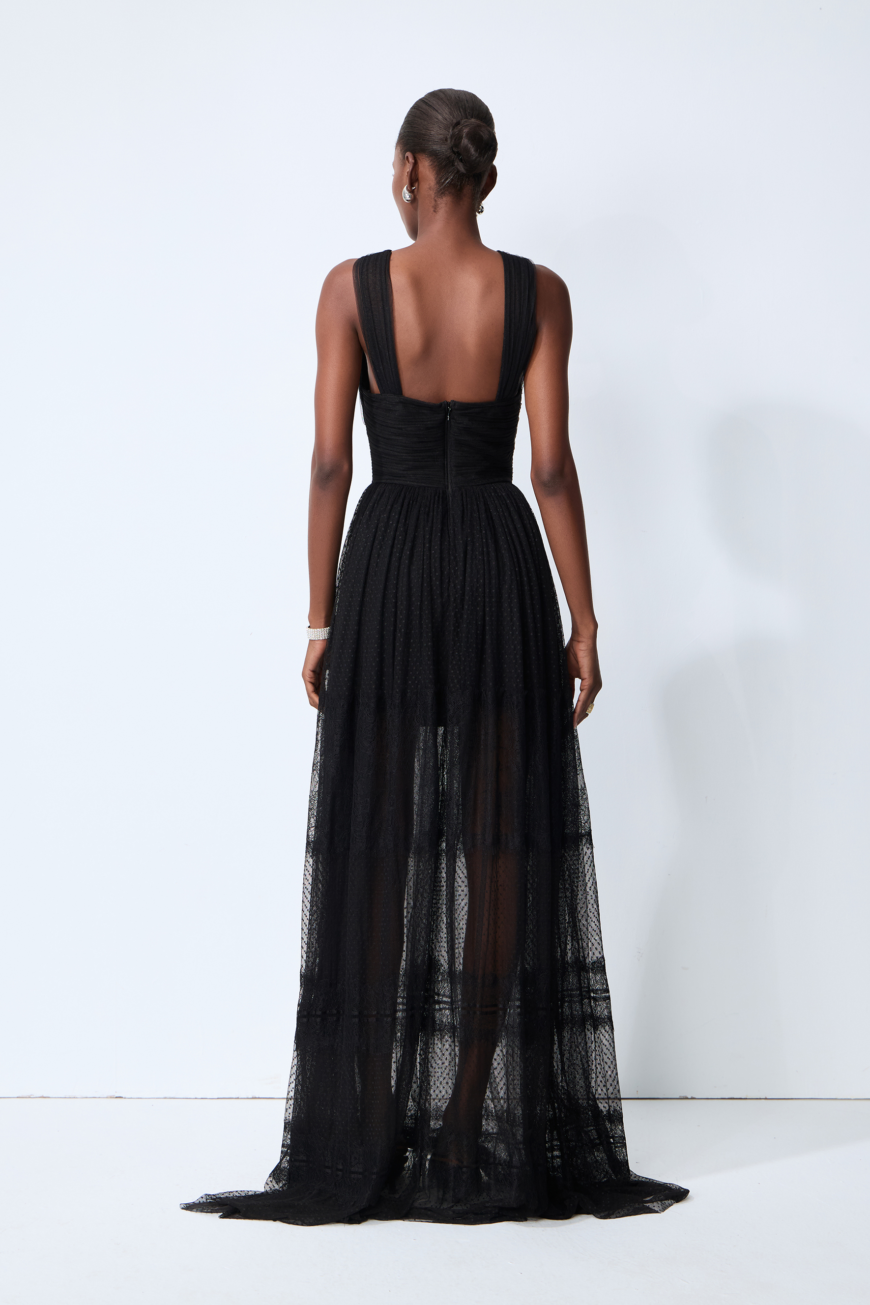 Remarkable Arrival Black Halter Cutout Sheer Tulle Maxi Dress