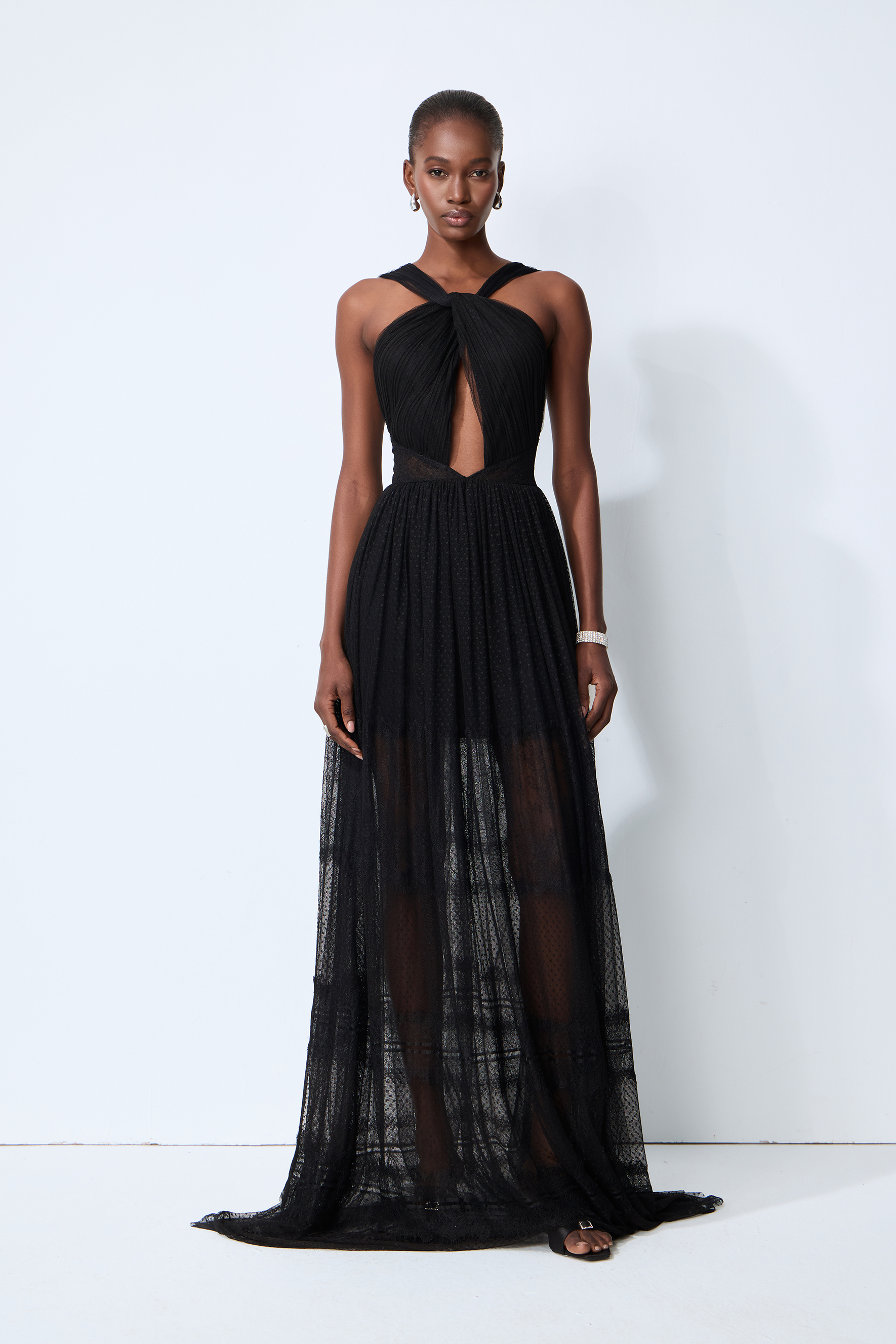 Remarkable Arrival Black Halter Cutout Sheer Tulle Maxi Dress