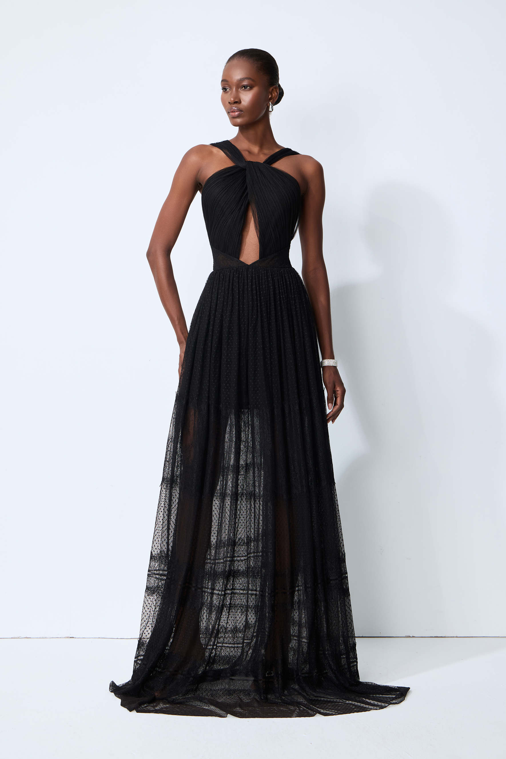 Remarkable Arrival Black Halter Cutout Sheer Tulle Maxi Dress