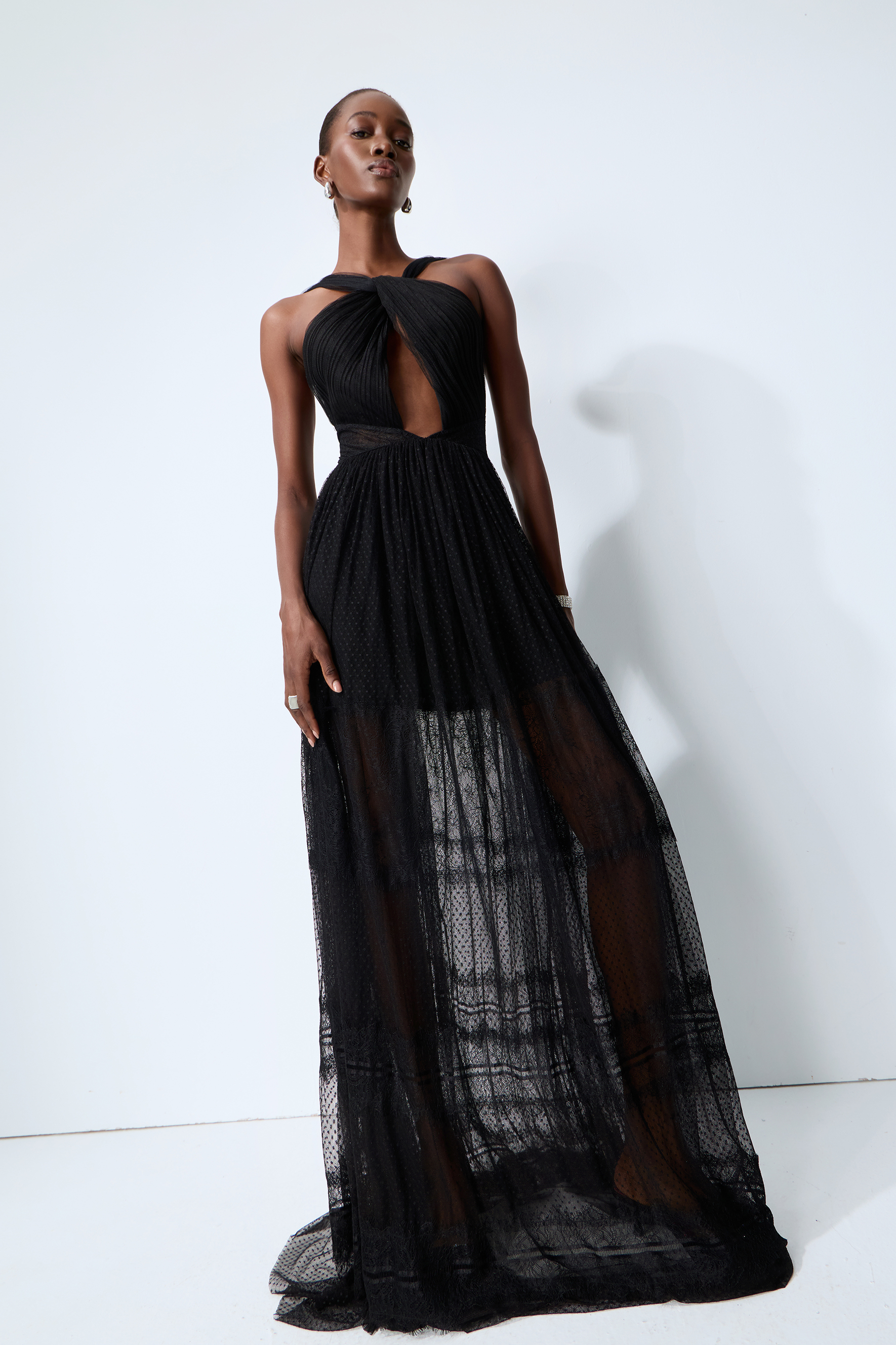 Remarkable Arrival Black Halter Cutout Sheer Tulle Maxi Dress