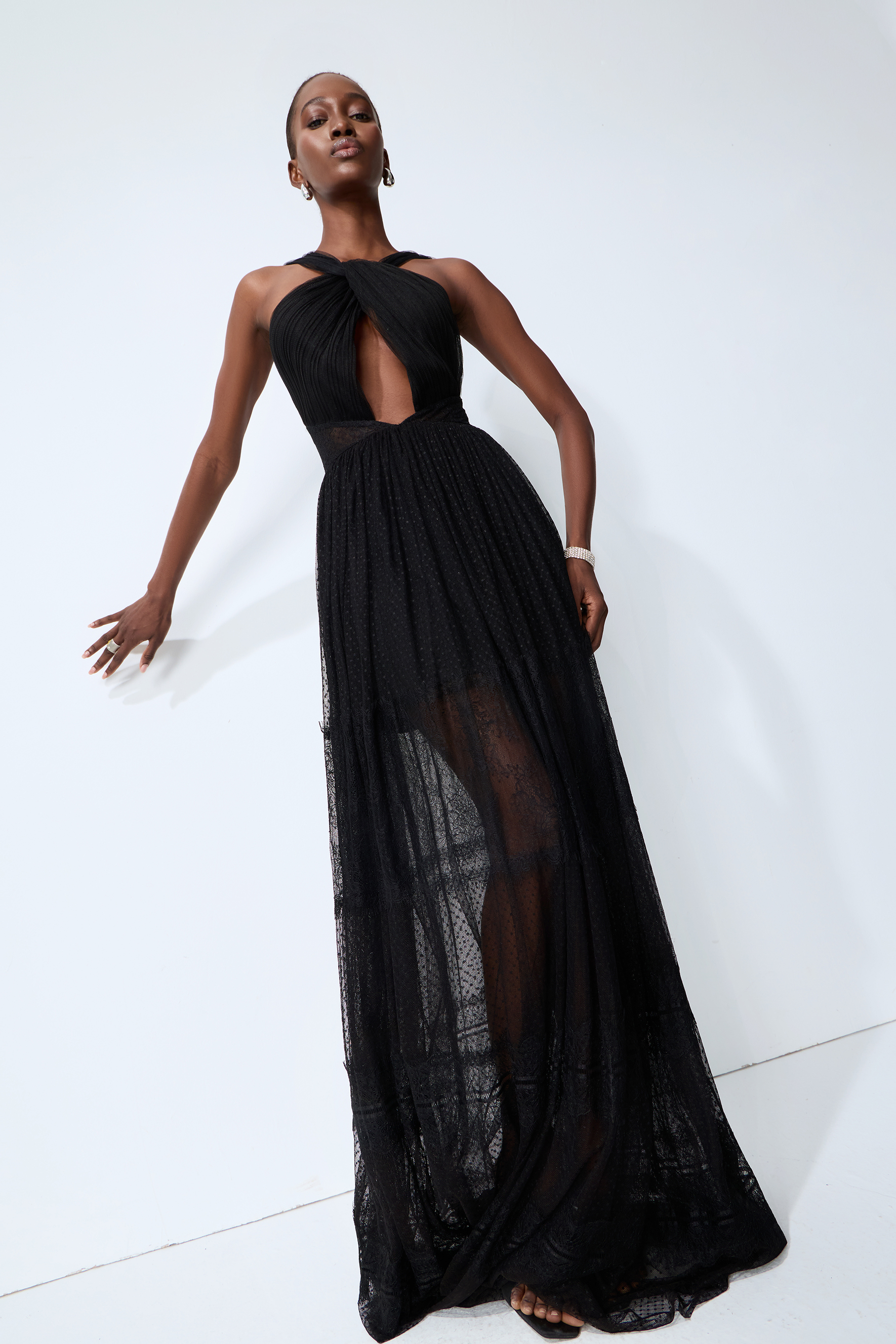Remarkable Arrival Black Halter Cutout Sheer Tulle Maxi Dress
