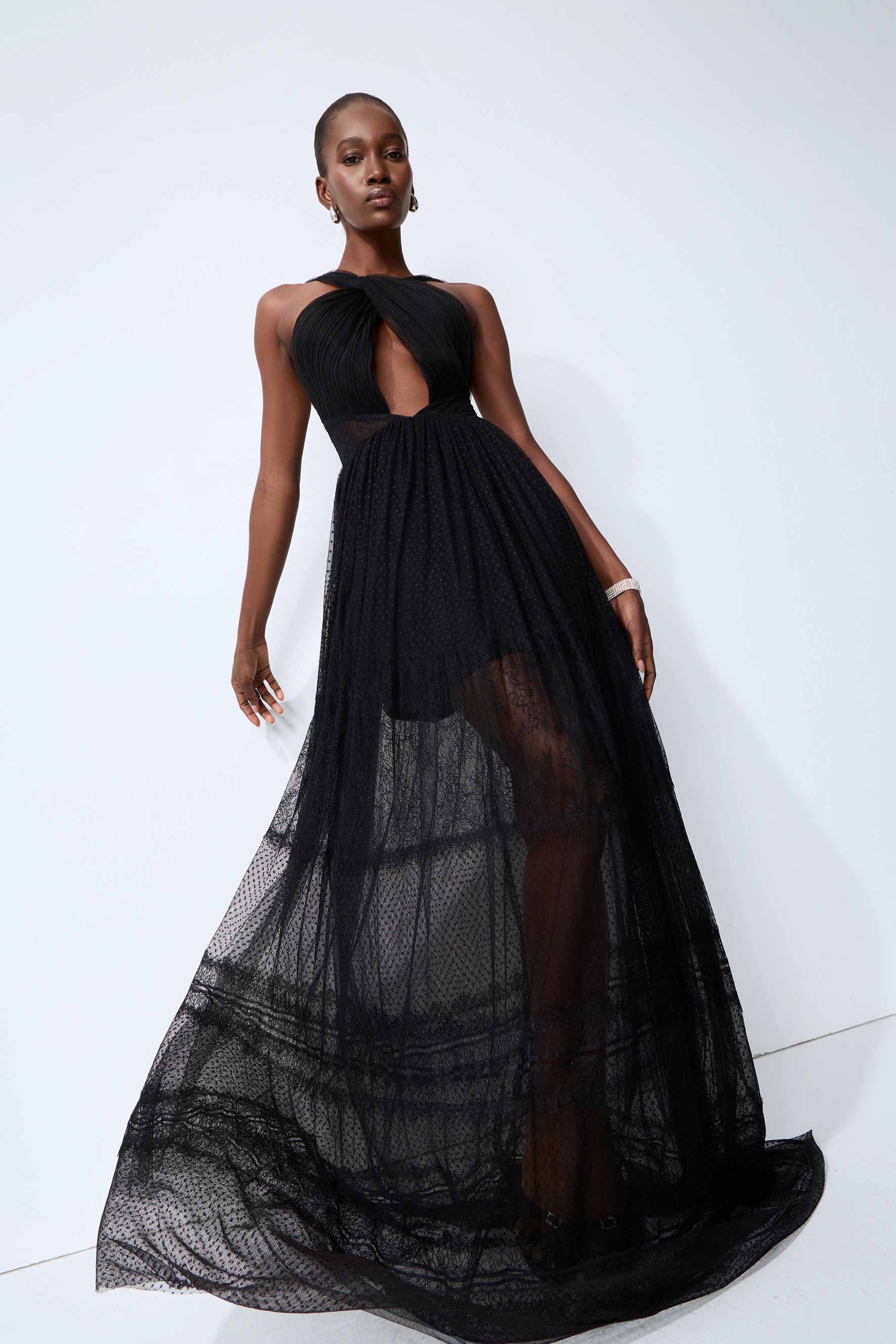Remarkable Arrival Black Halter Cutout Sheer Tulle Maxi Dress