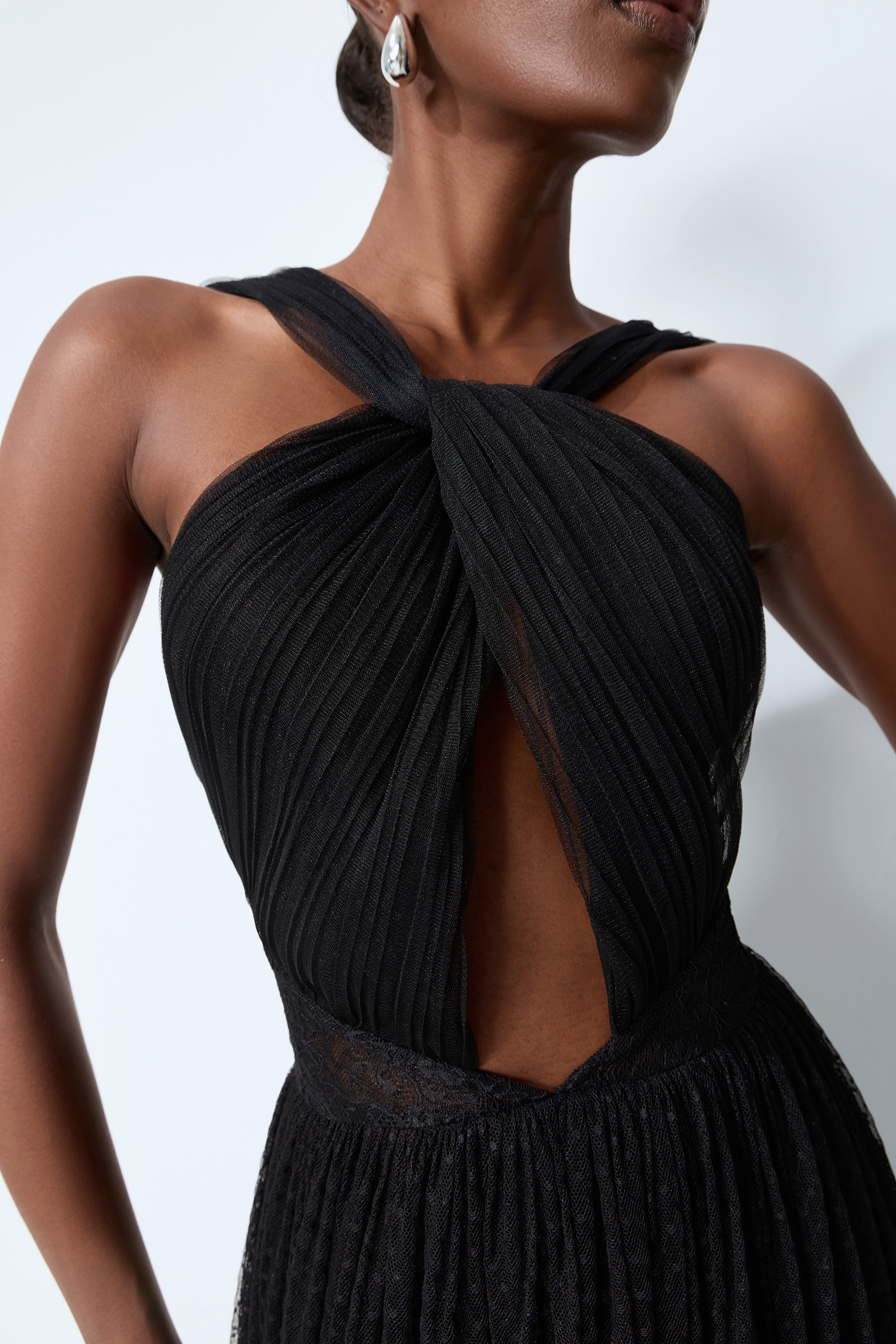 Remarkable Arrival Black Halter Cutout Sheer Tulle Maxi Dress