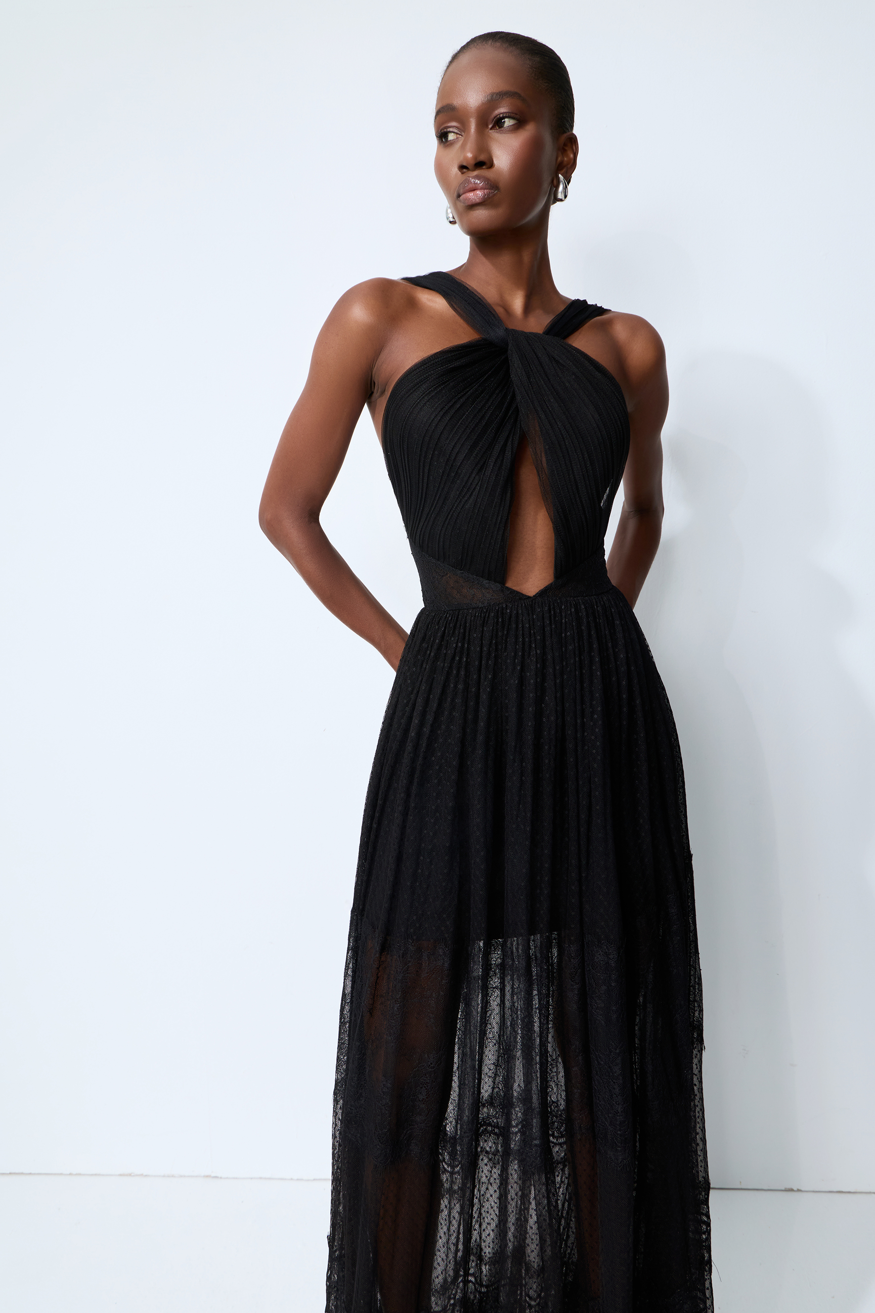 Remarkable Arrival Black Halter Cutout Sheer Tulle Maxi Dress