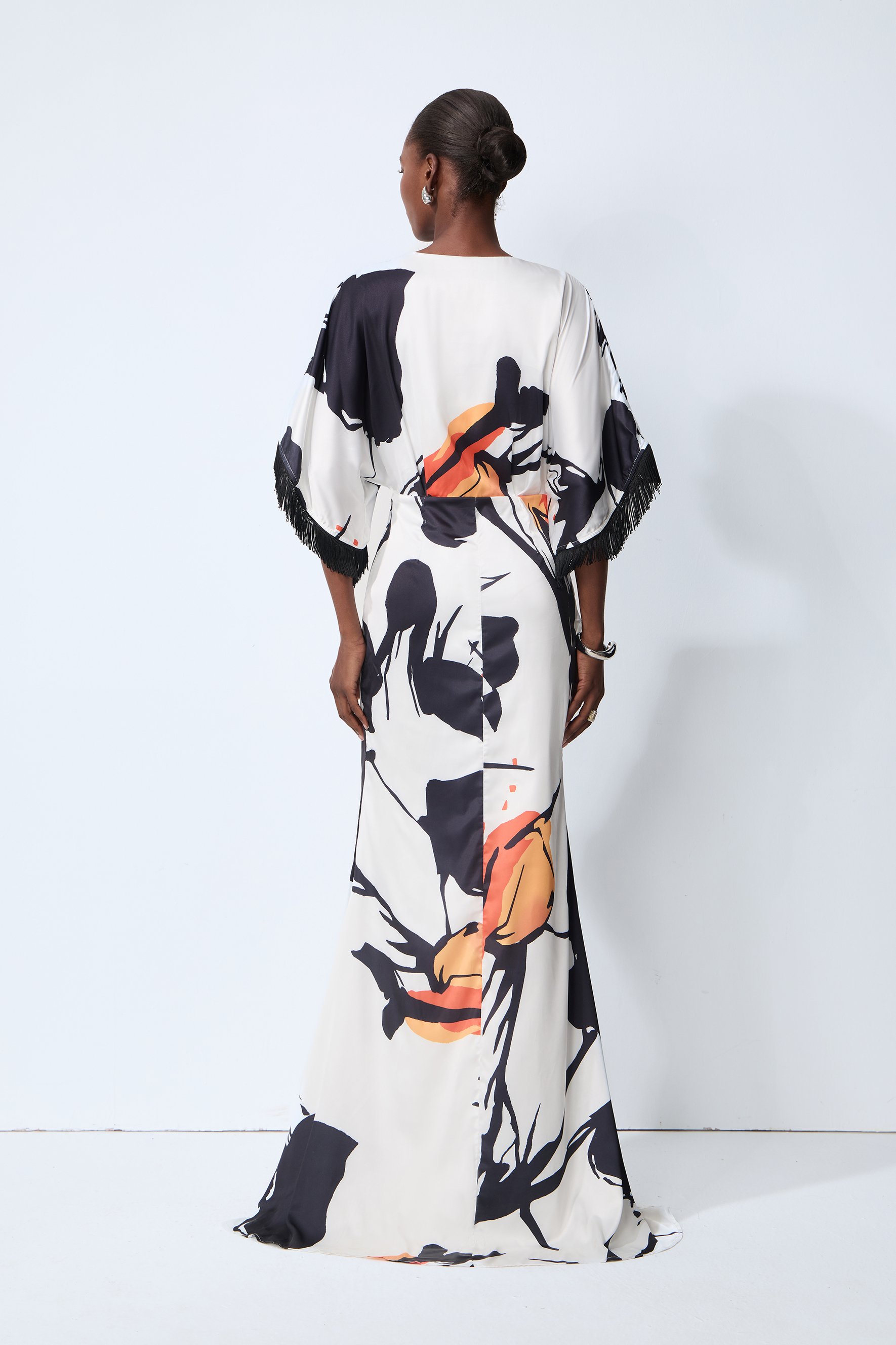 Rare Distinction White Abstract Print Fringe Trim Maxi Dress