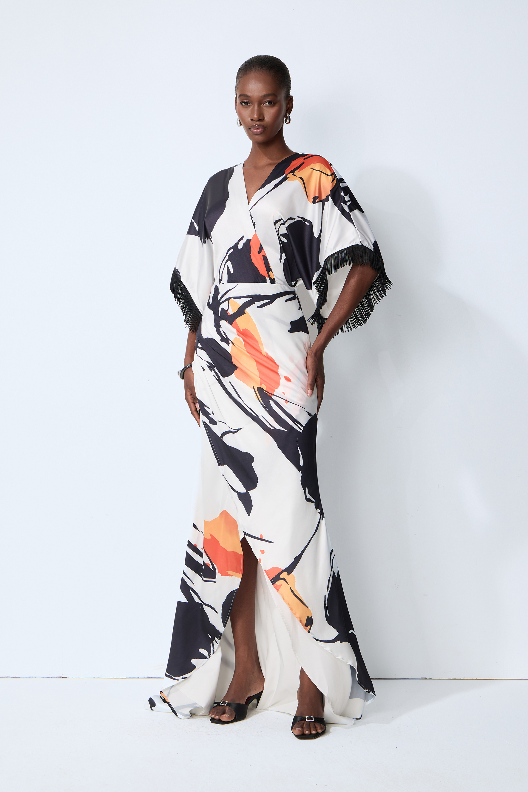 Rare Distinction White Abstract Print Fringe Trim Maxi Dress