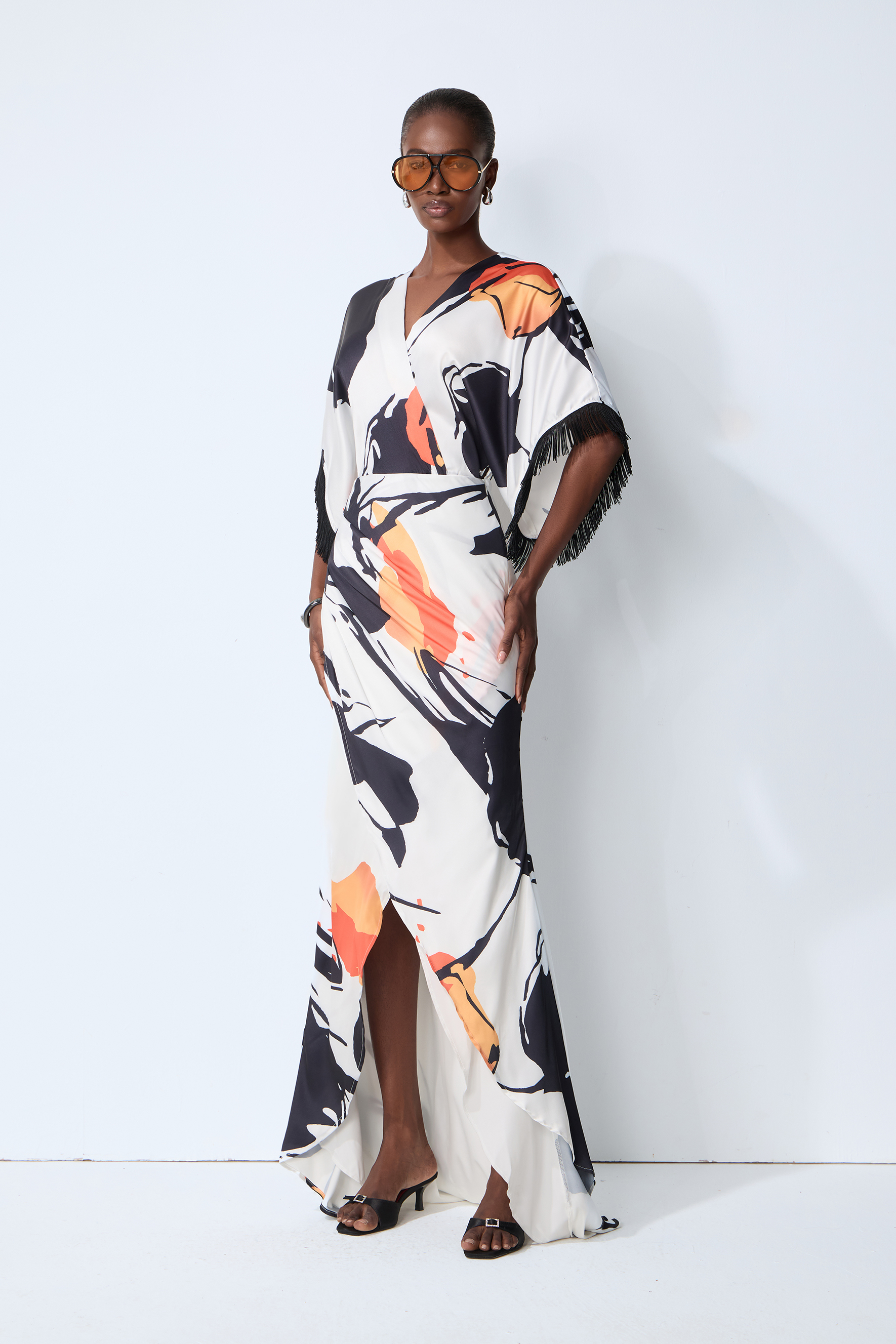 Rare Distinction White Abstract Print Fringe Trim Maxi Dress
