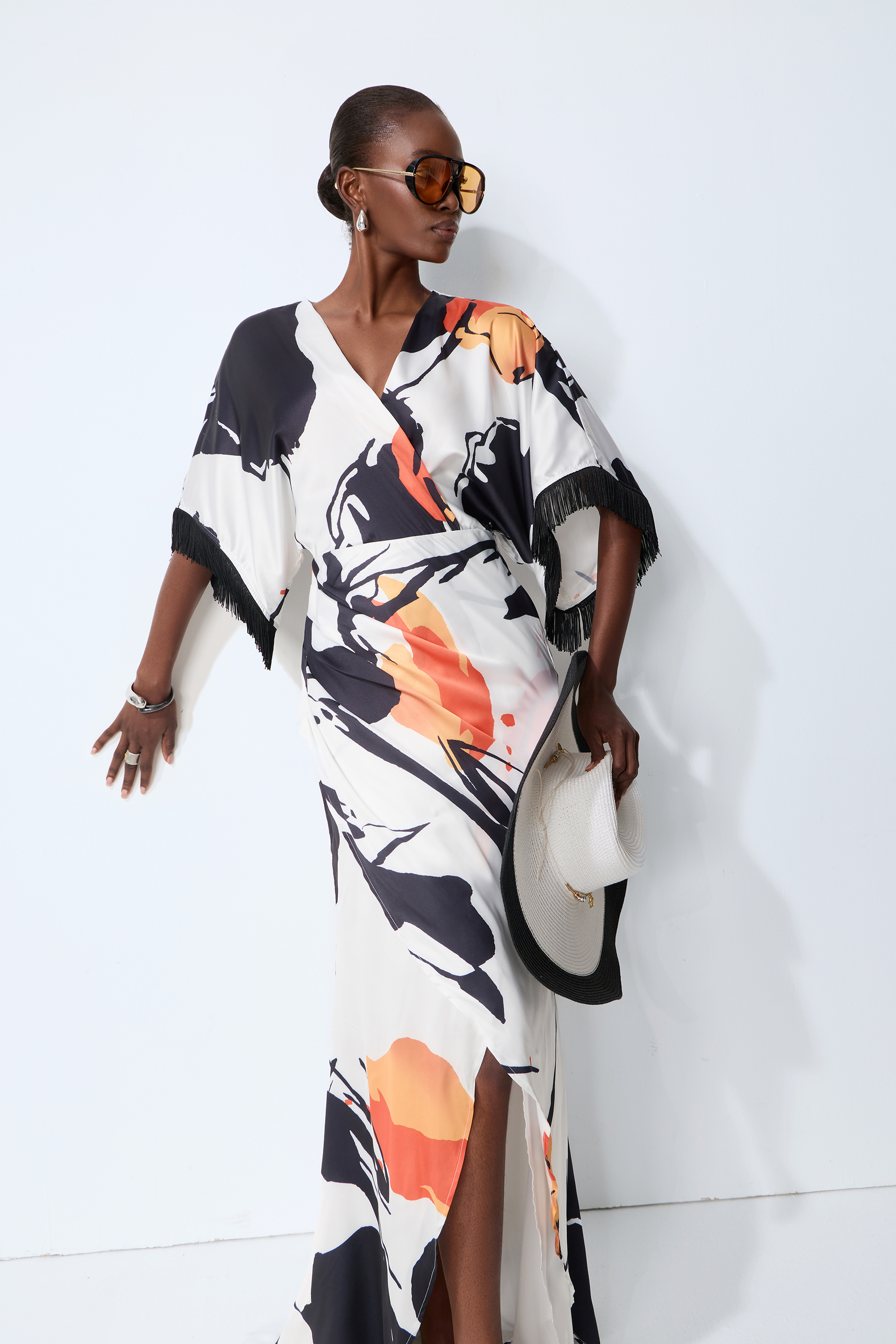 Rare Distinction White Abstract Print Fringe Trim Maxi Dress