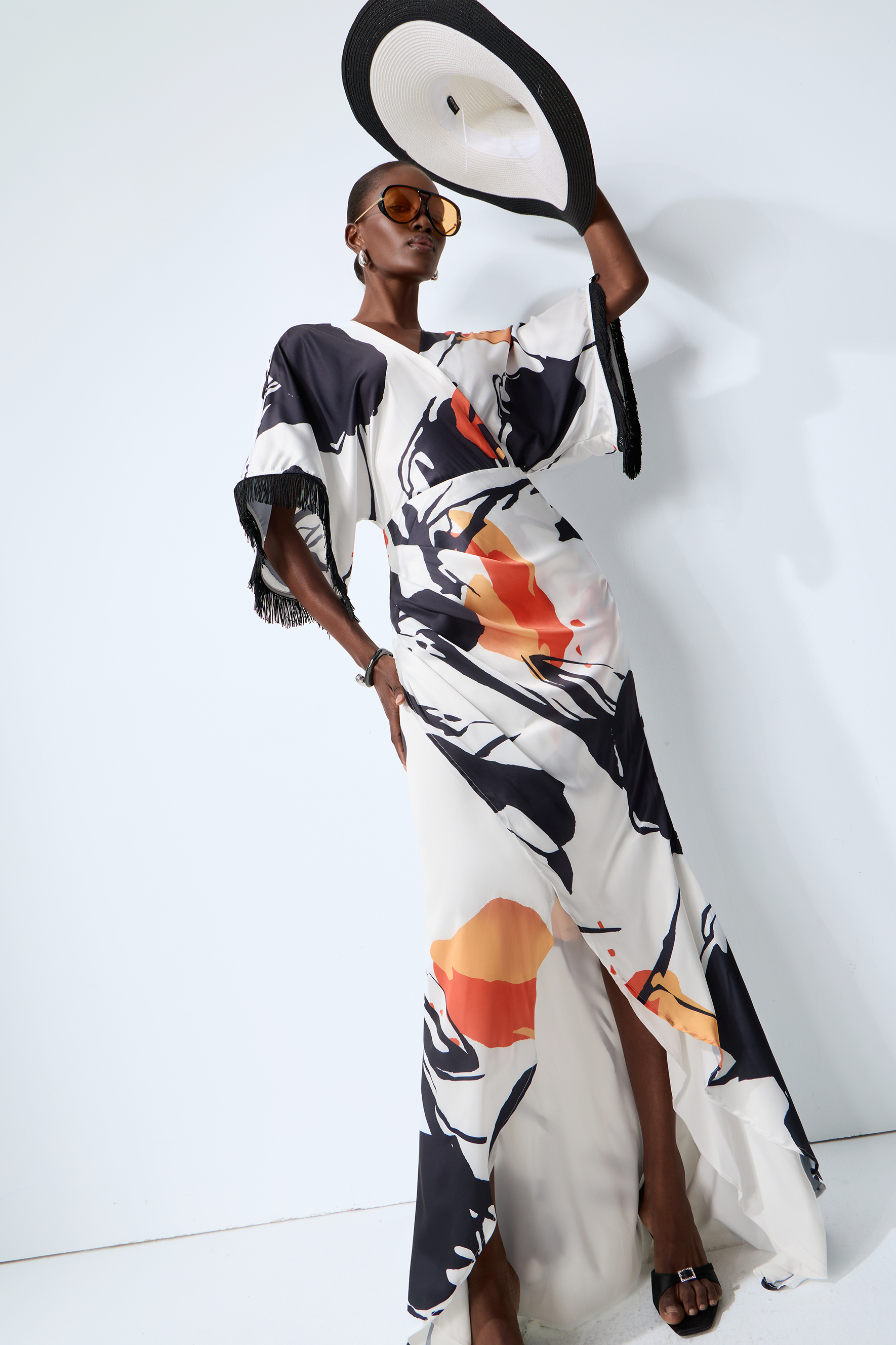 Rare Distinction White Abstract Print Fringe Trim Maxi Dress