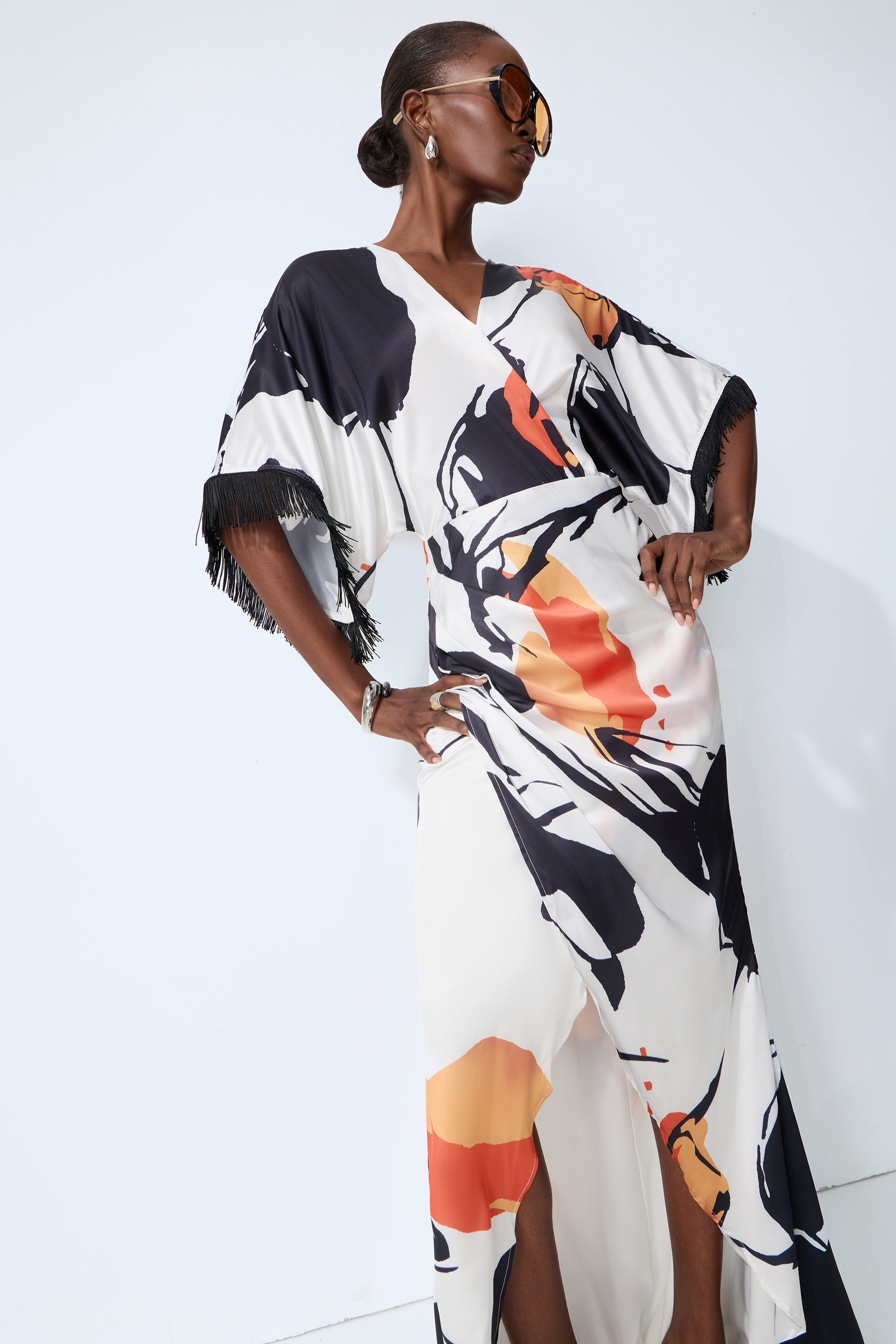 Rare Distinction White Abstract Print Fringe Trim Maxi Dress