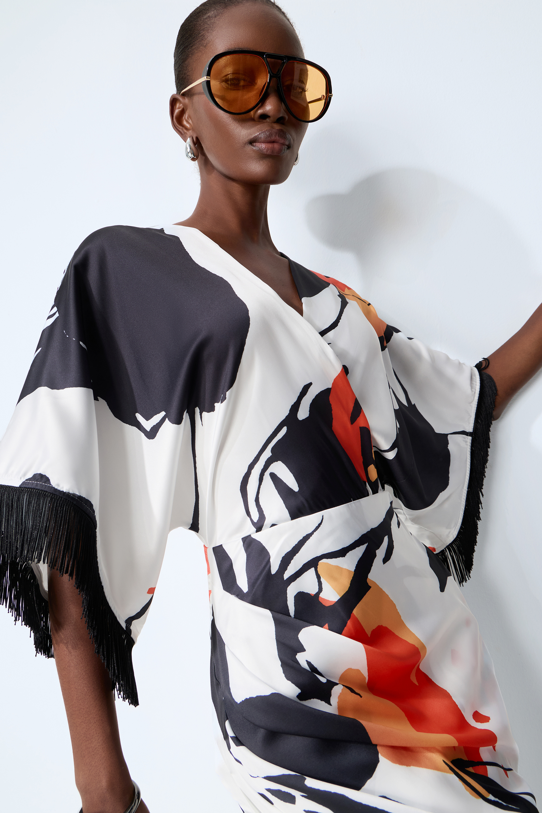 Rare Distinction White Abstract Print Fringe Trim Maxi Dress