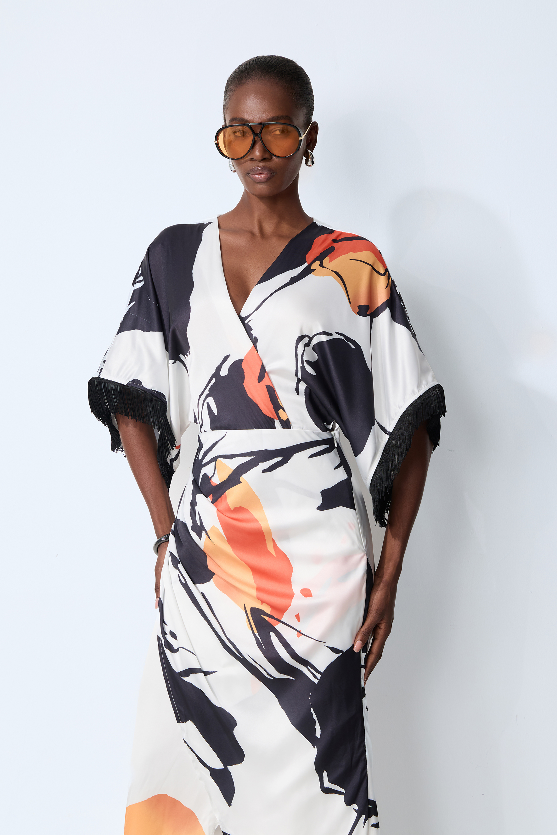 Rare Distinction White Abstract Print Fringe Trim Maxi Dress