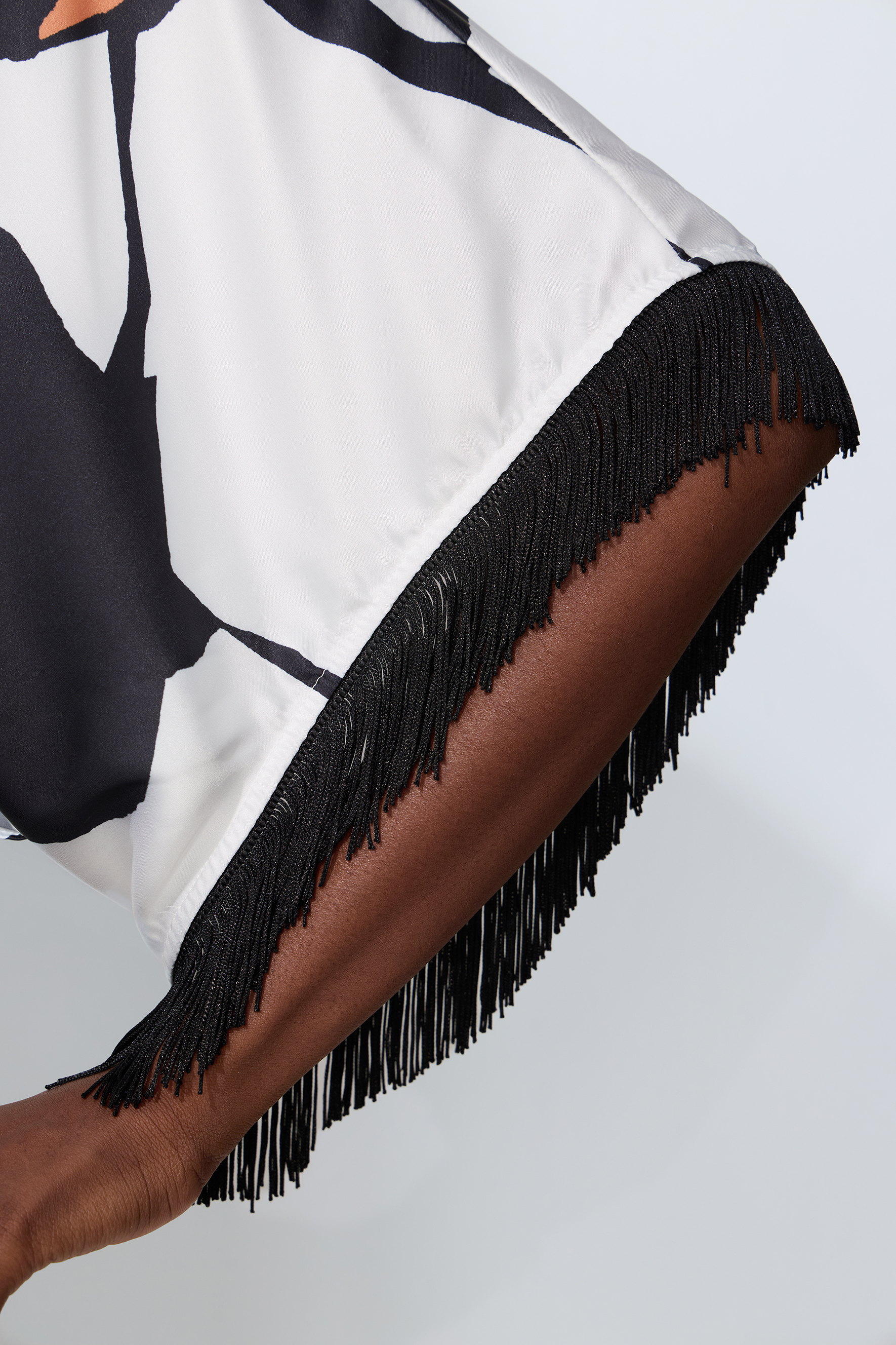 Rare Distinction White Abstract Print Fringe Trim Maxi Dress