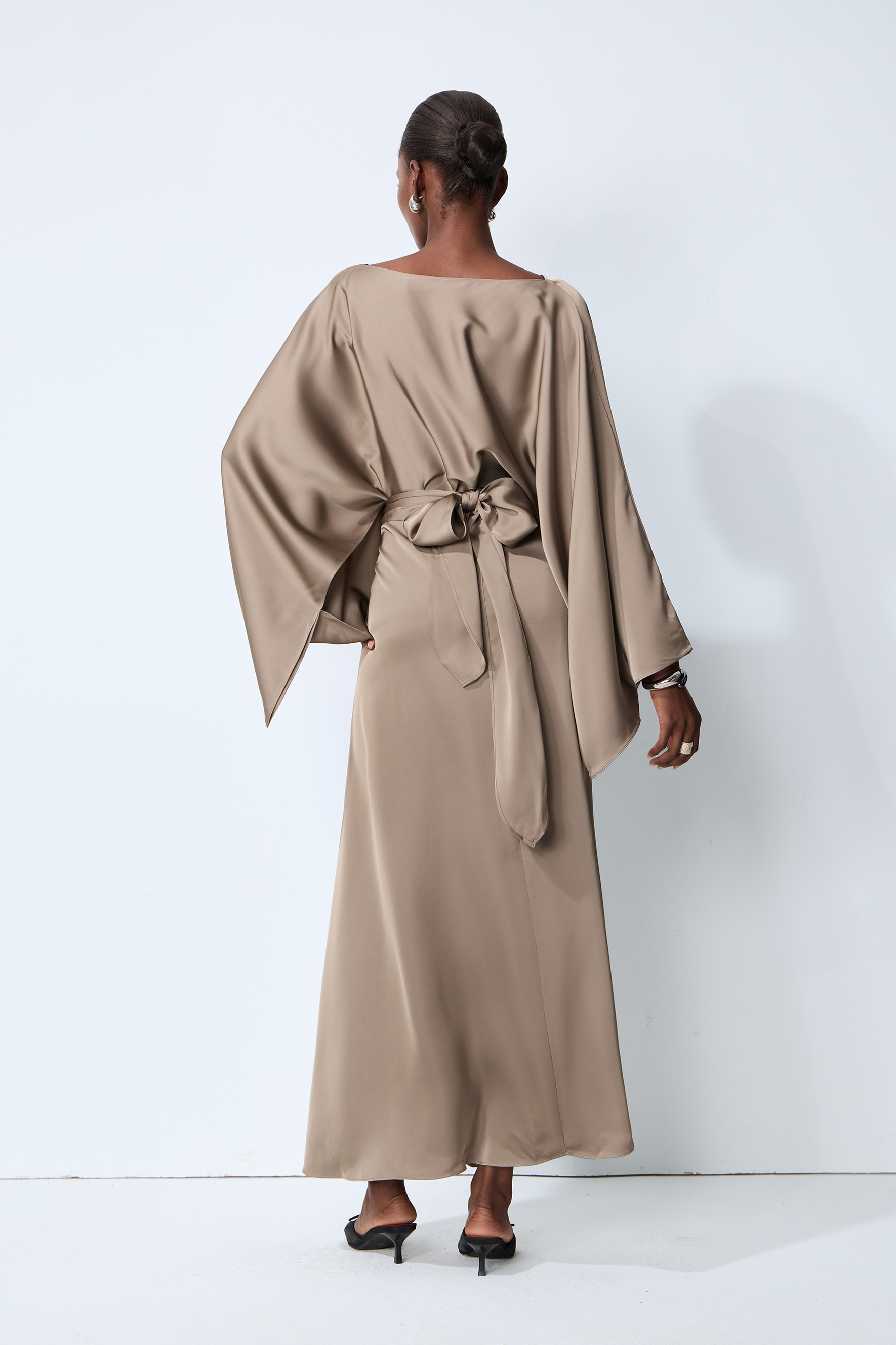 Effortless Poise Khaki Cape Sleeve Top & Maxi Skirt Set