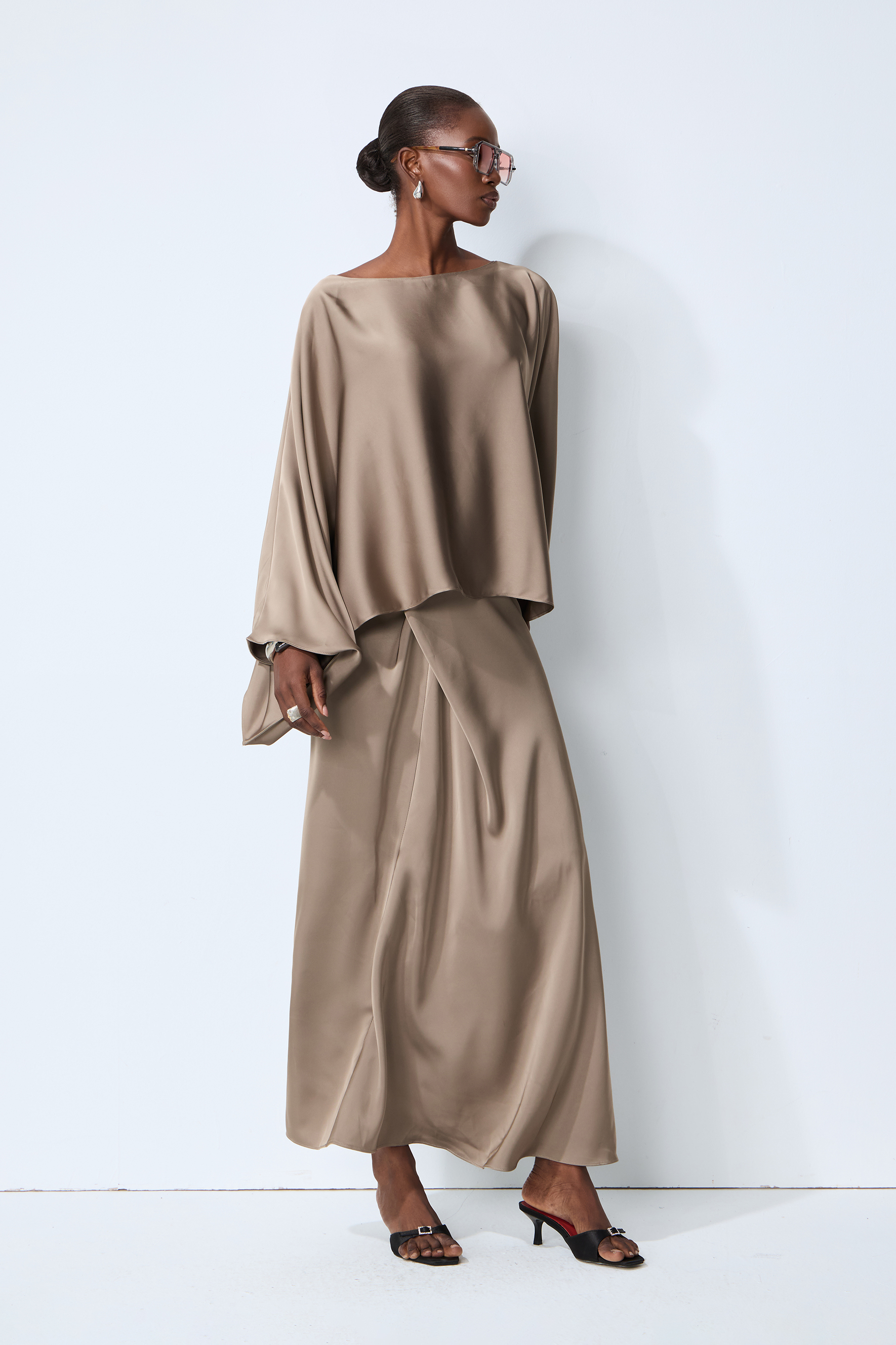 Effortless Poise Khaki Cape Sleeve Top & Maxi Skirt Set