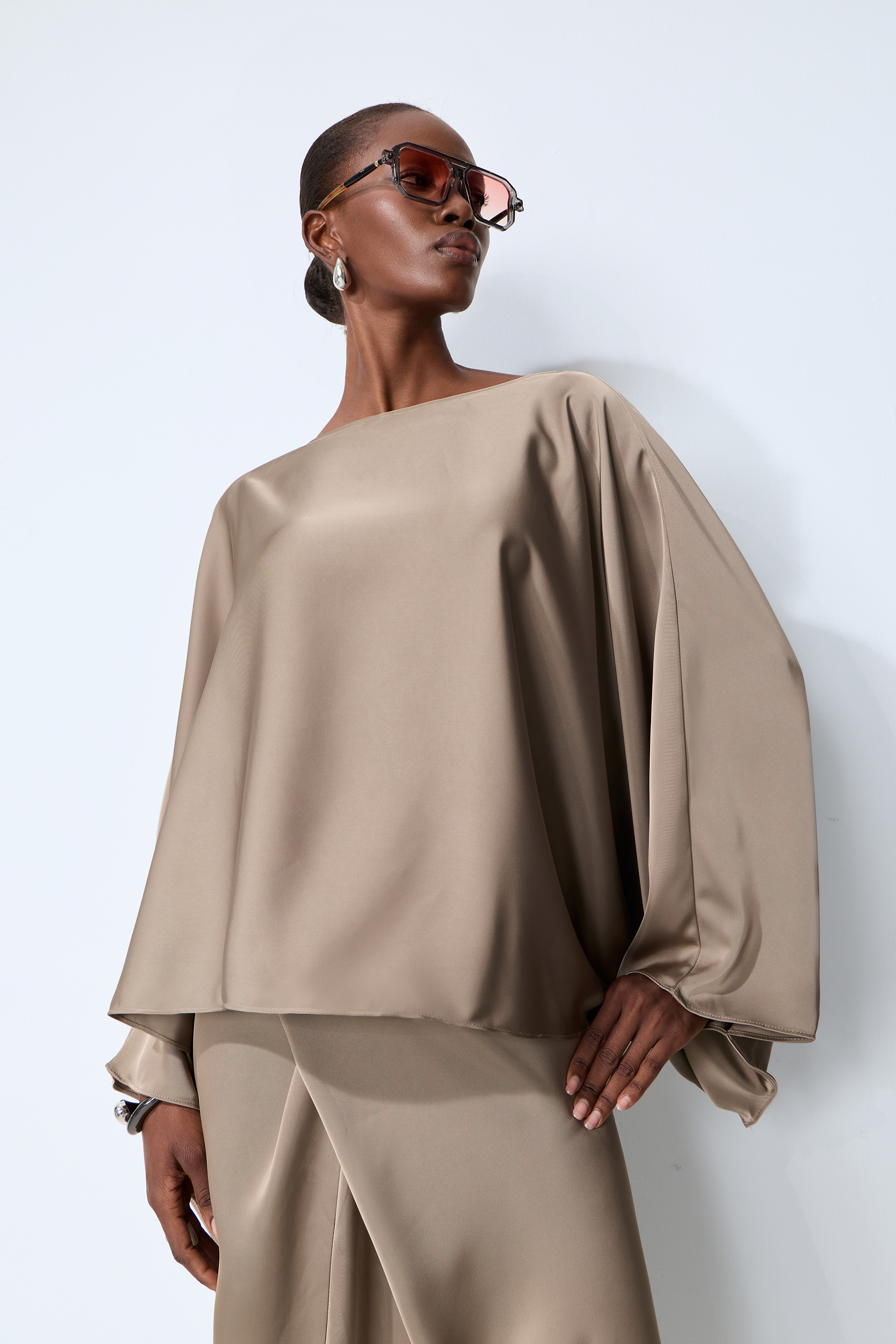 Effortless Poise Khaki Cape Sleeve Top & Maxi Skirt Set