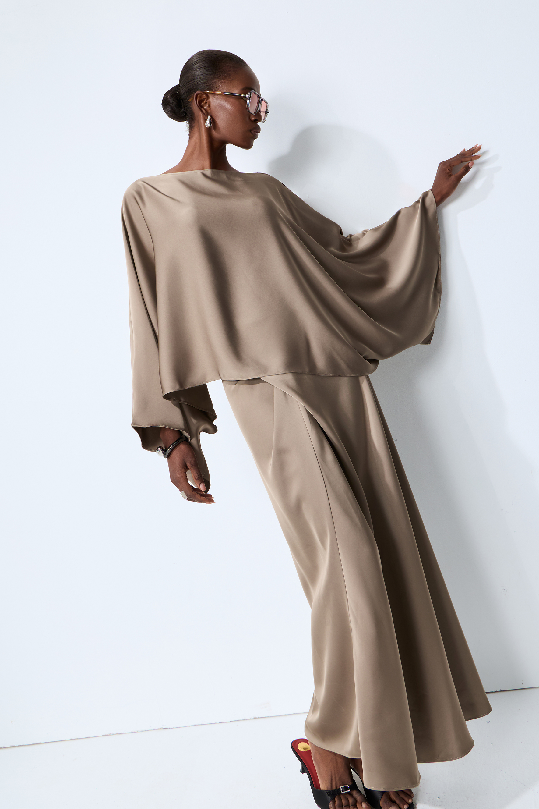 Effortless Poise Khaki Cape Sleeve Top & Maxi Skirt Set