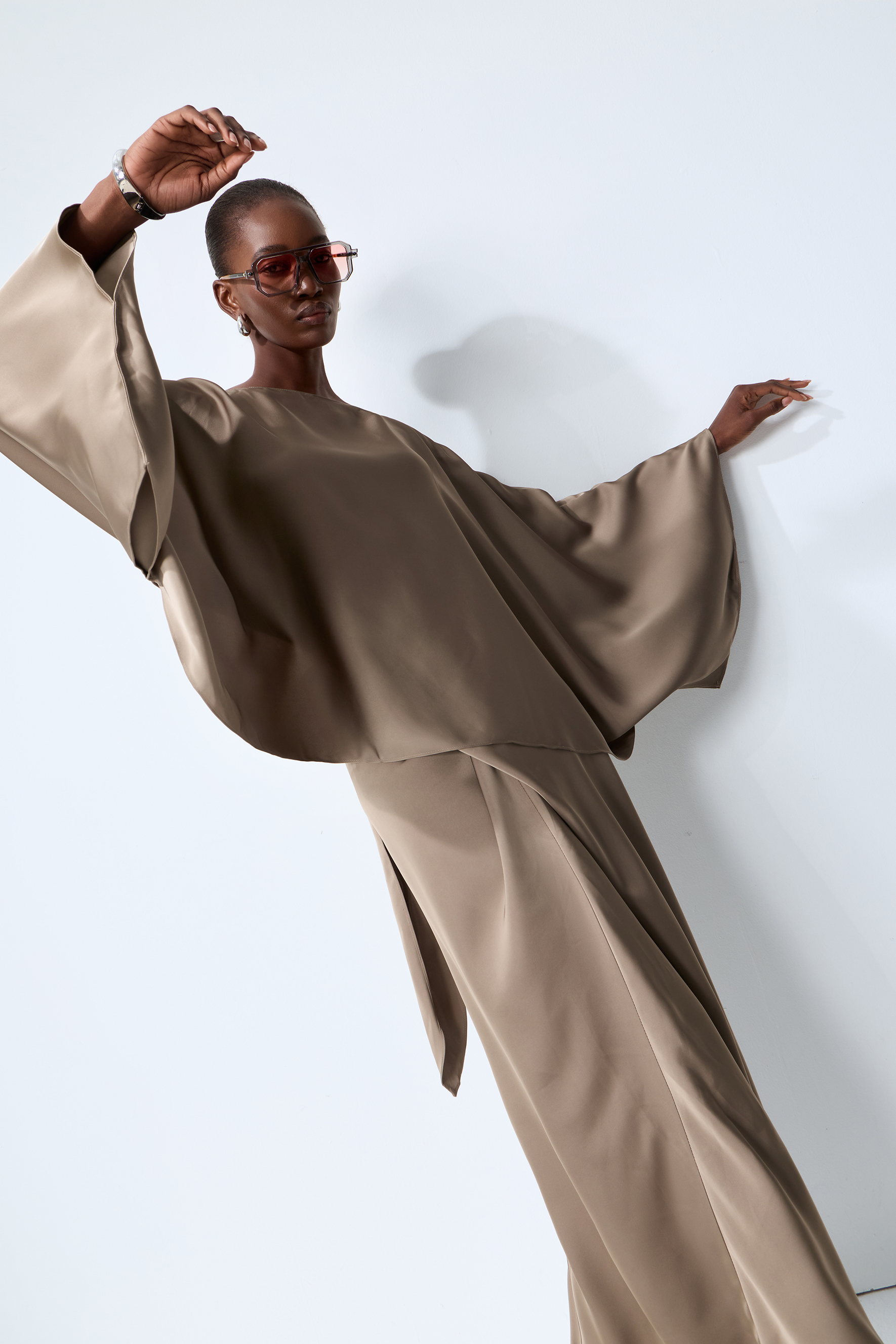 Effortless Poise Khaki Cape Sleeve Top & Maxi Skirt Set
