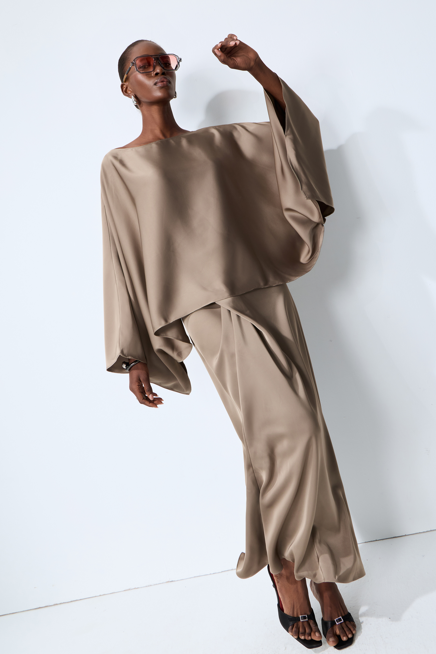 Effortless Poise Khaki Cape Sleeve Top & Maxi Skirt Set