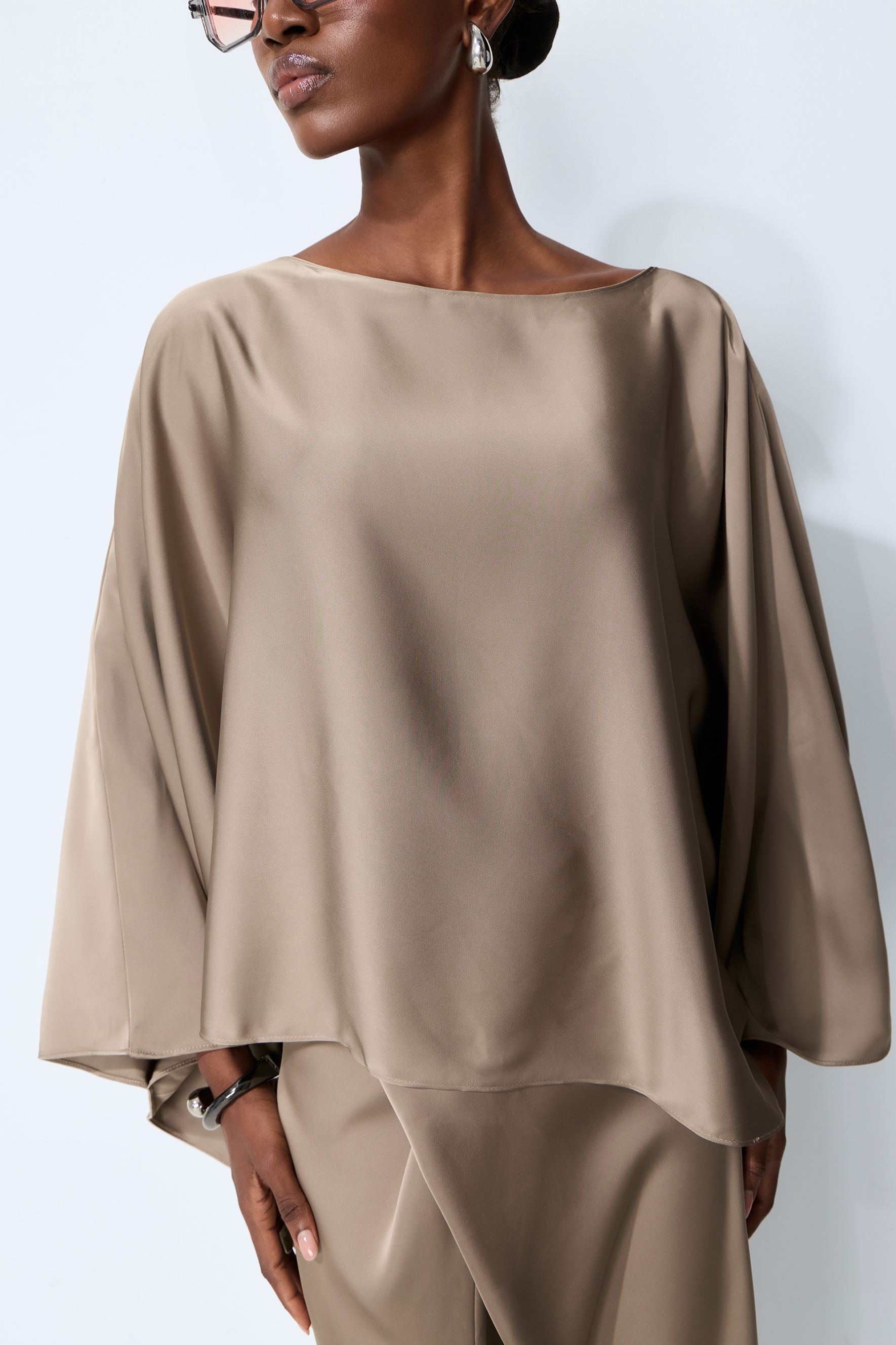 Effortless Poise Khaki Cape Sleeve Top & Maxi Skirt Set