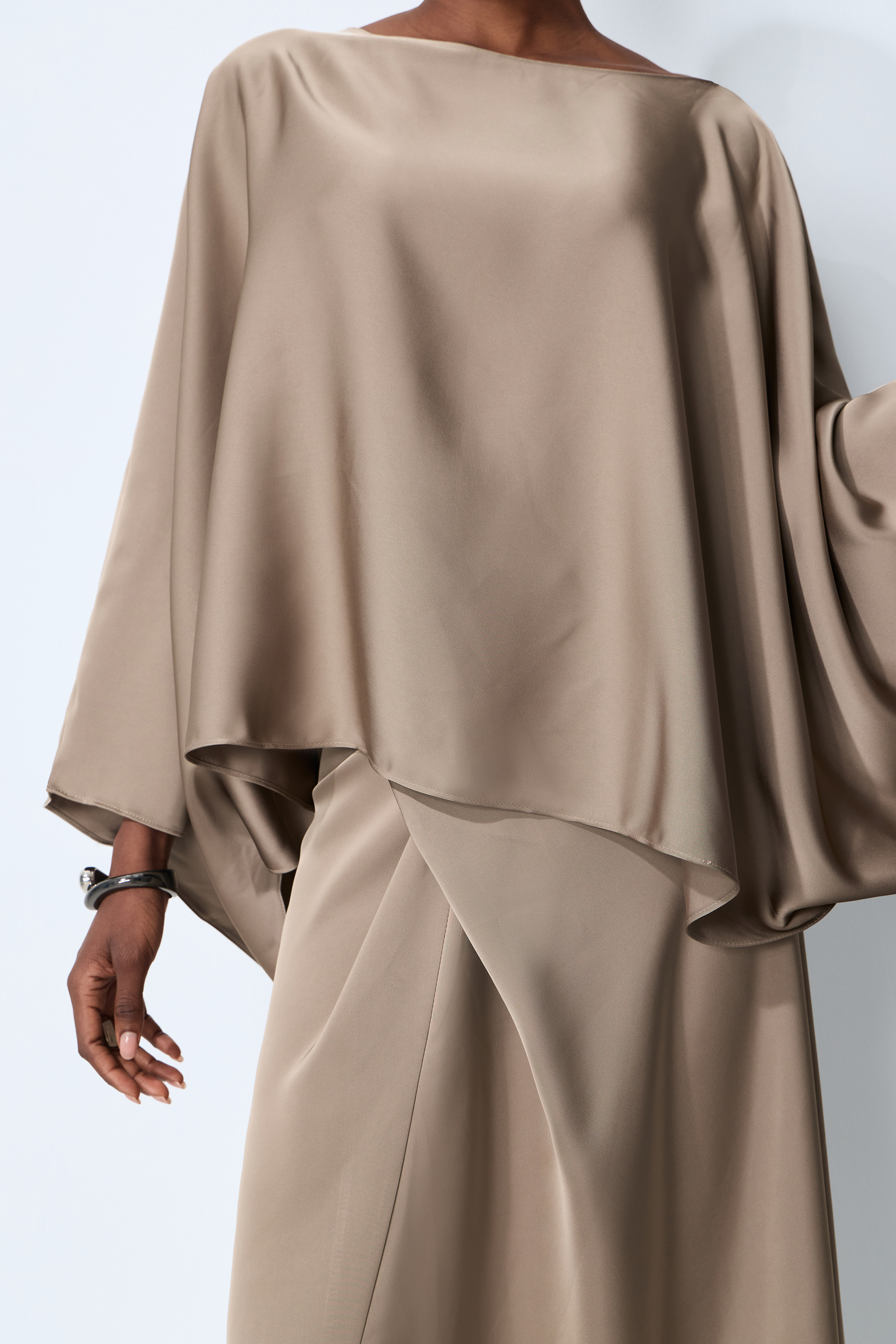 Effortless Poise Khaki Cape Sleeve Top & Maxi Skirt Set