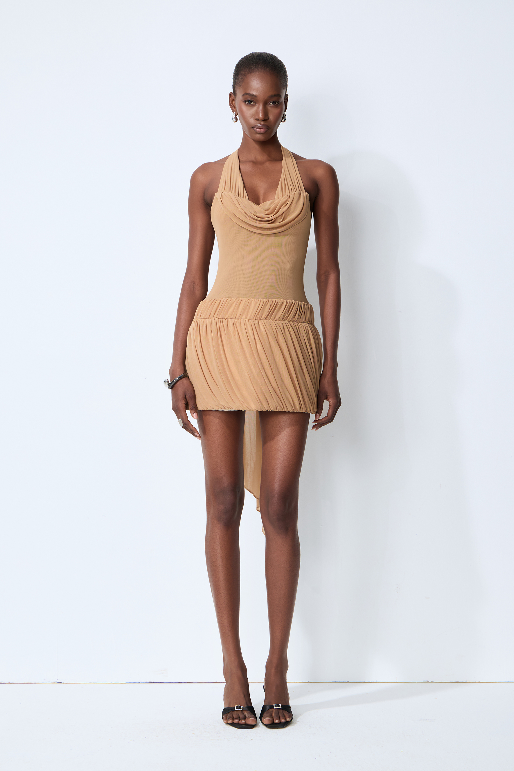 Chic Moment Khaki Cowl Neck Pleated Mini Dress