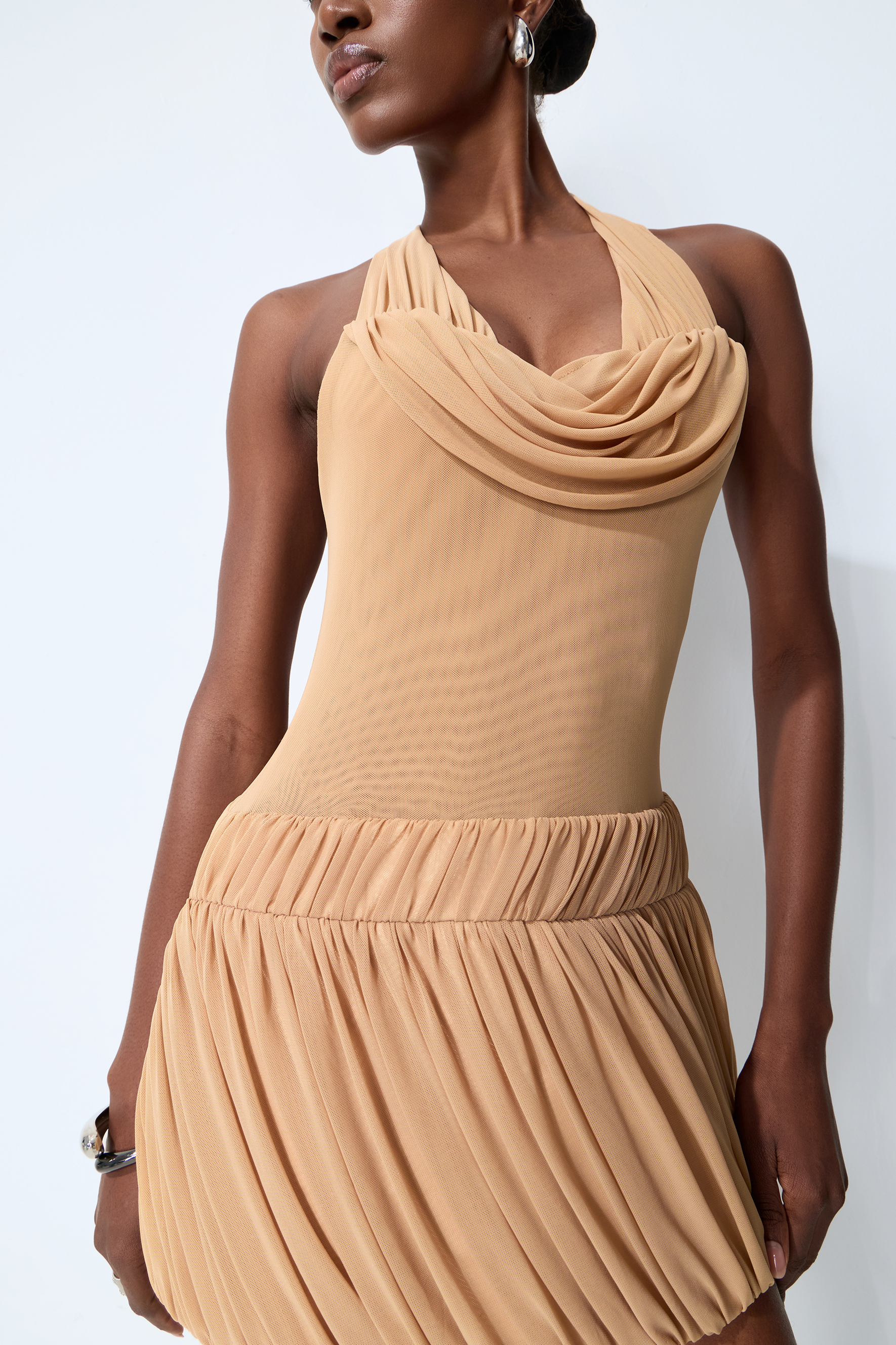 Chic Moment Khaki Cowl Neck Pleated Mini Dress