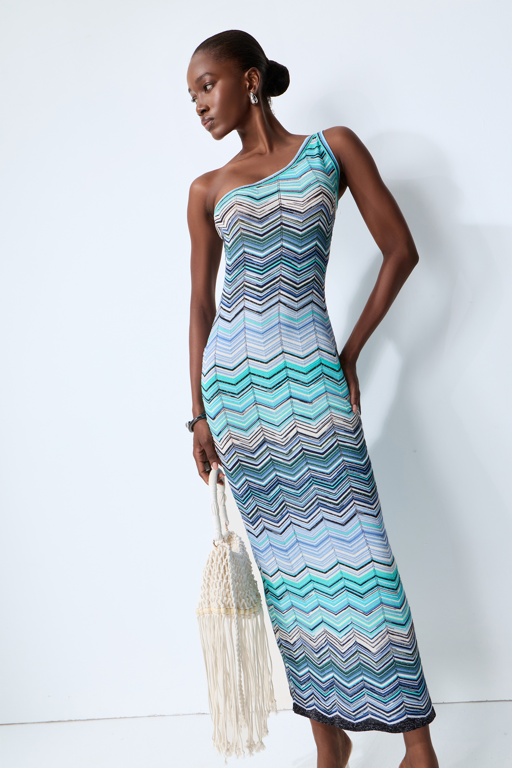 Chasing Paradise Blue Chevron One Shoulder Maxi Dress