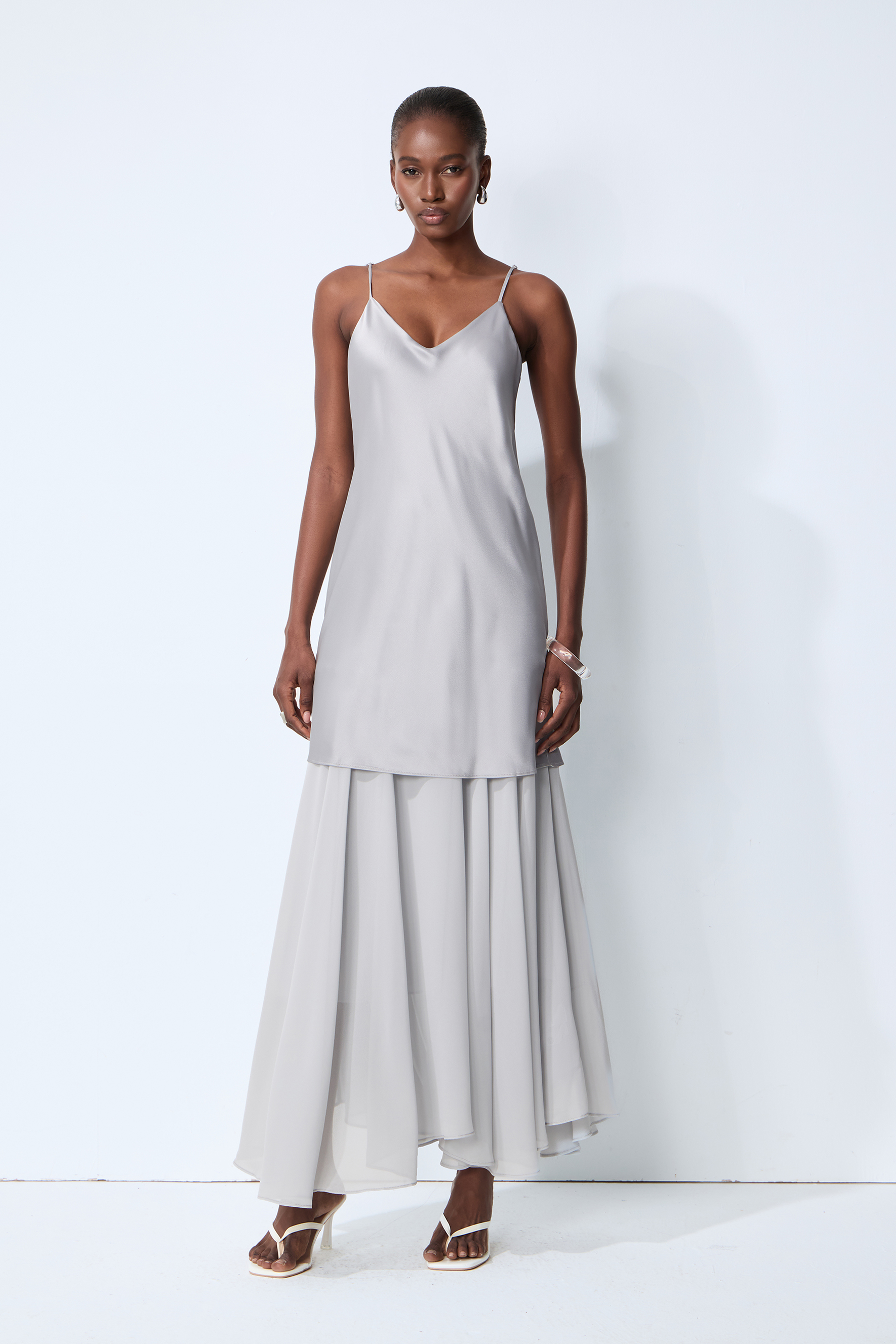 Soul Escape Satin & Chiffon Spaghetti Strap Maxi Dress
