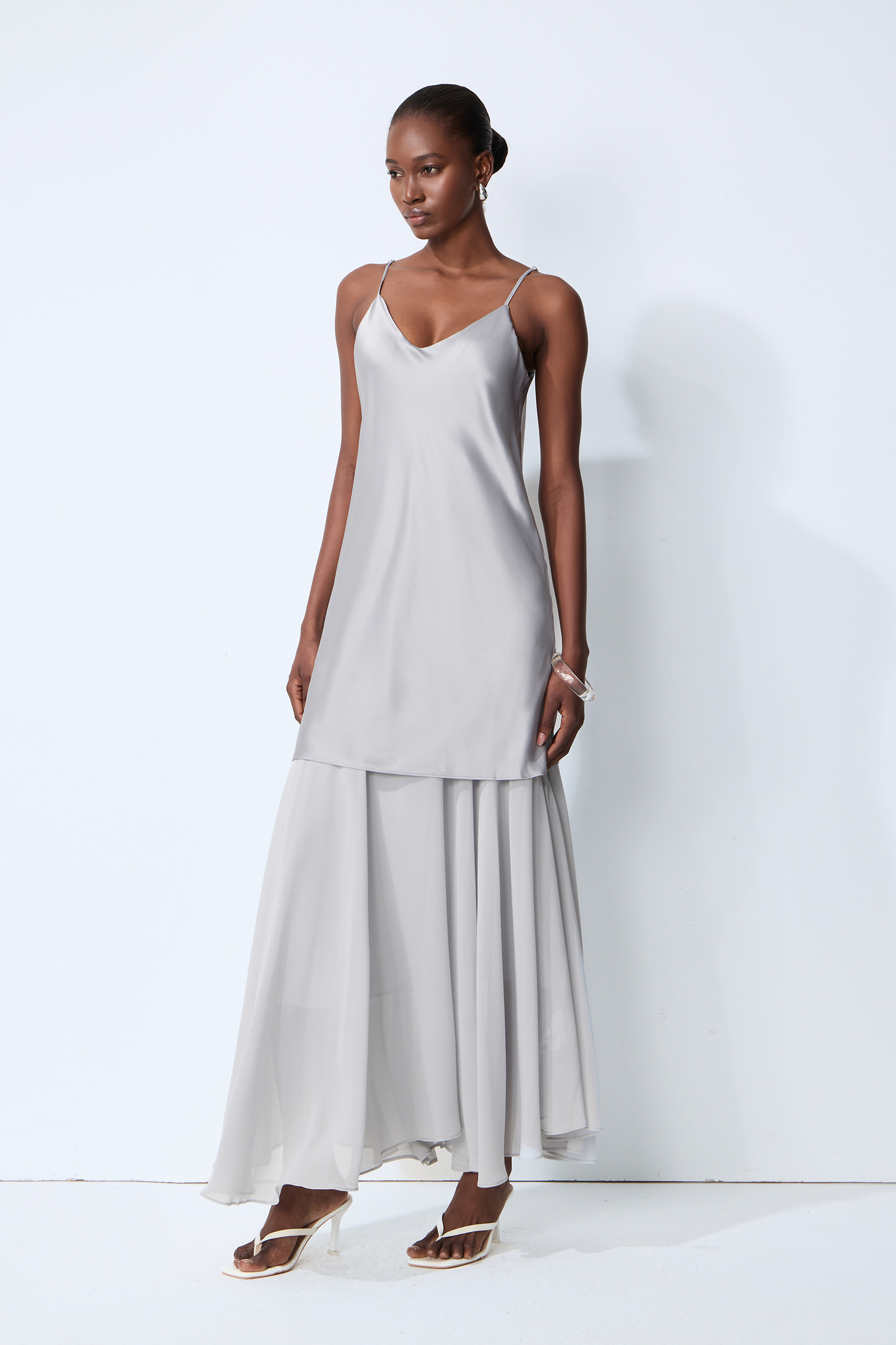 Soul Escape Satin & Chiffon Spaghetti Strap Maxi Dress