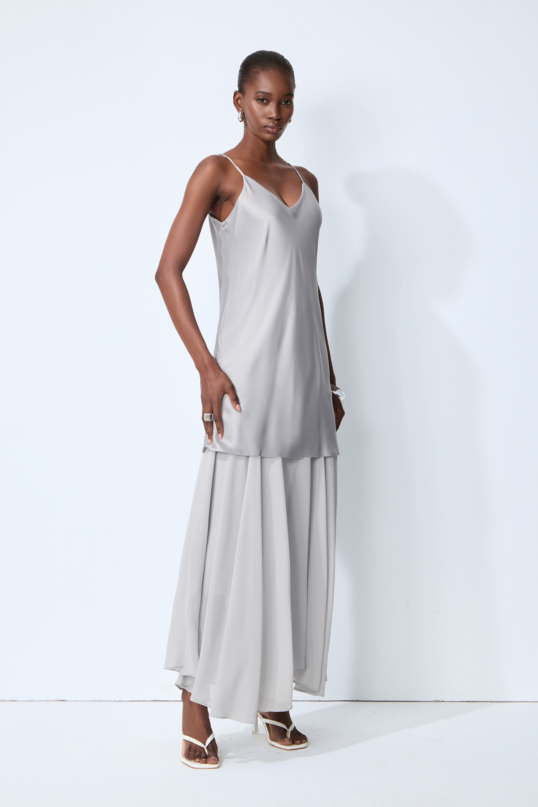 Soul Escape Satin & Chiffon Spaghetti Strap Maxi Dress