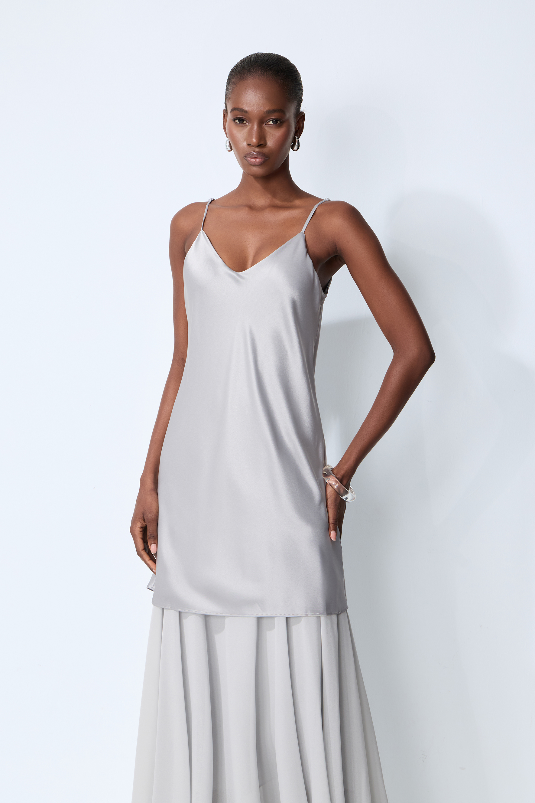 Soul Escape Satin & Chiffon Spaghetti Strap Maxi Dress