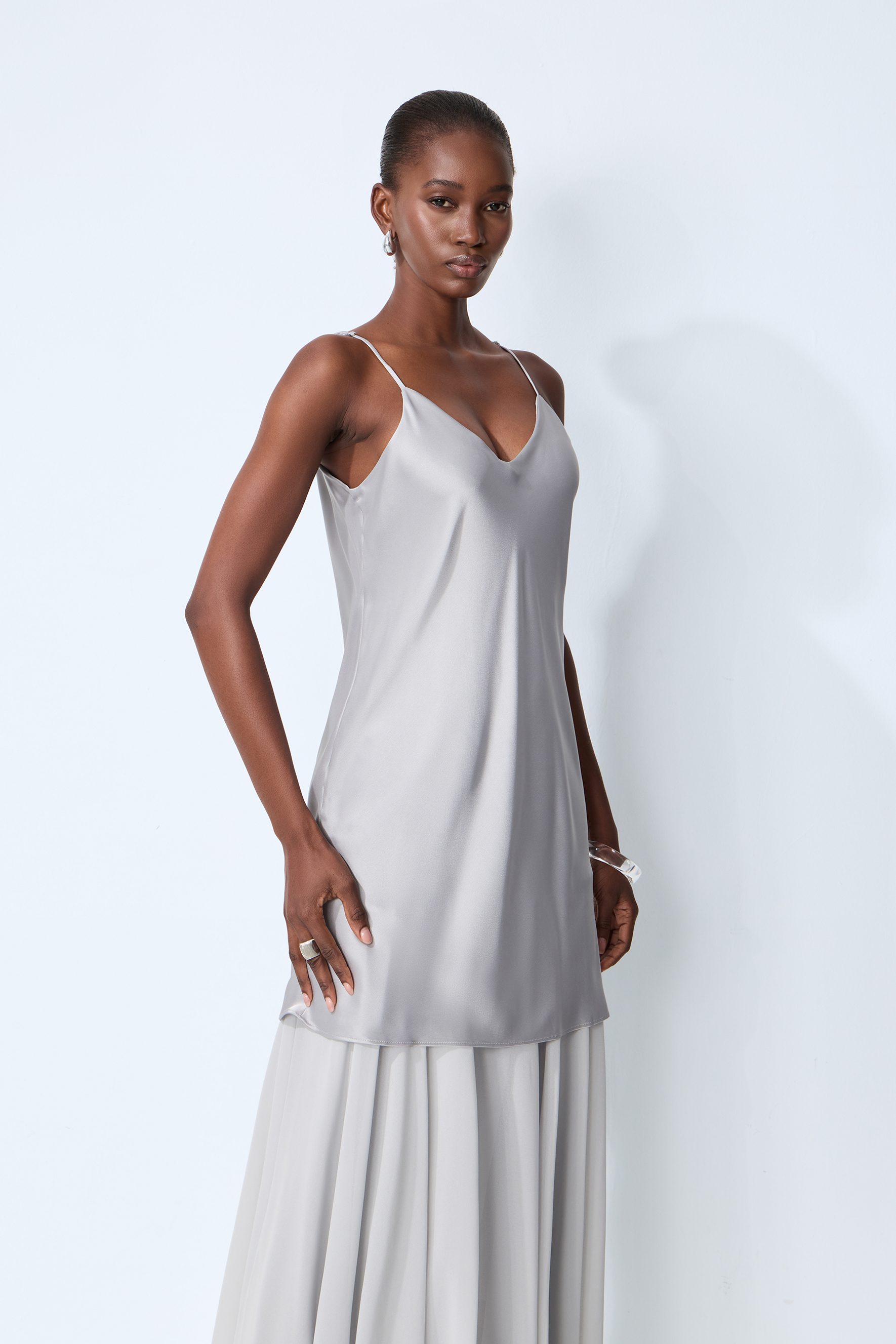 Soul Escape Satin & Chiffon Spaghetti Strap Maxi Dress