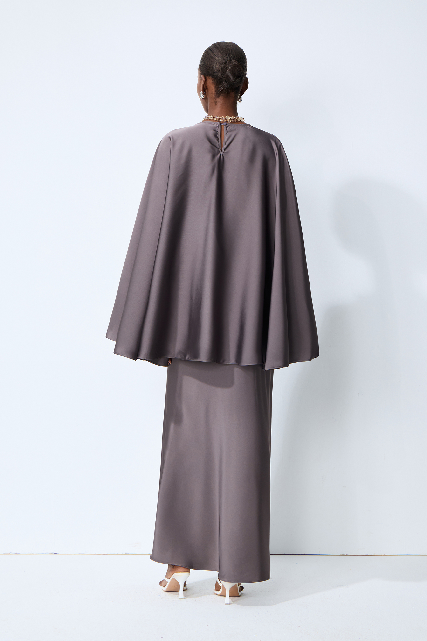 Exceptionally Graceful Grey Satin Cape Sleeve Top & Skirt Set