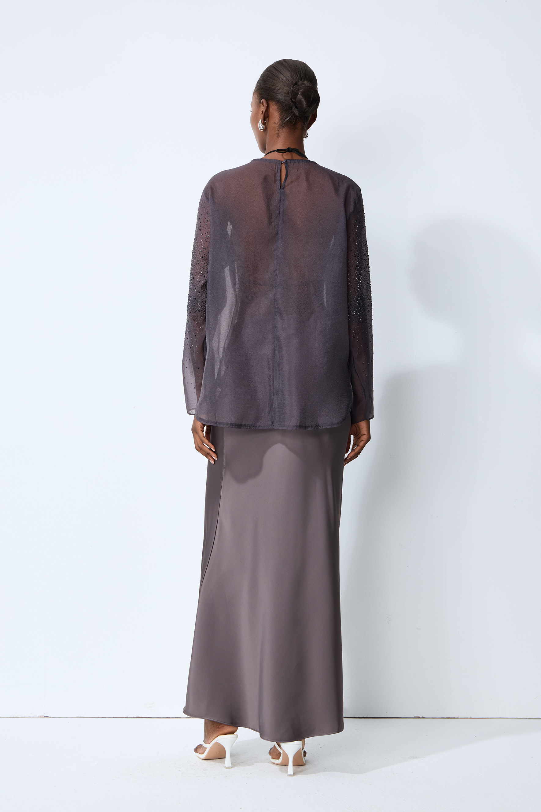 Shine Moment Grey Sheer Rhinestone Embellished Blouse