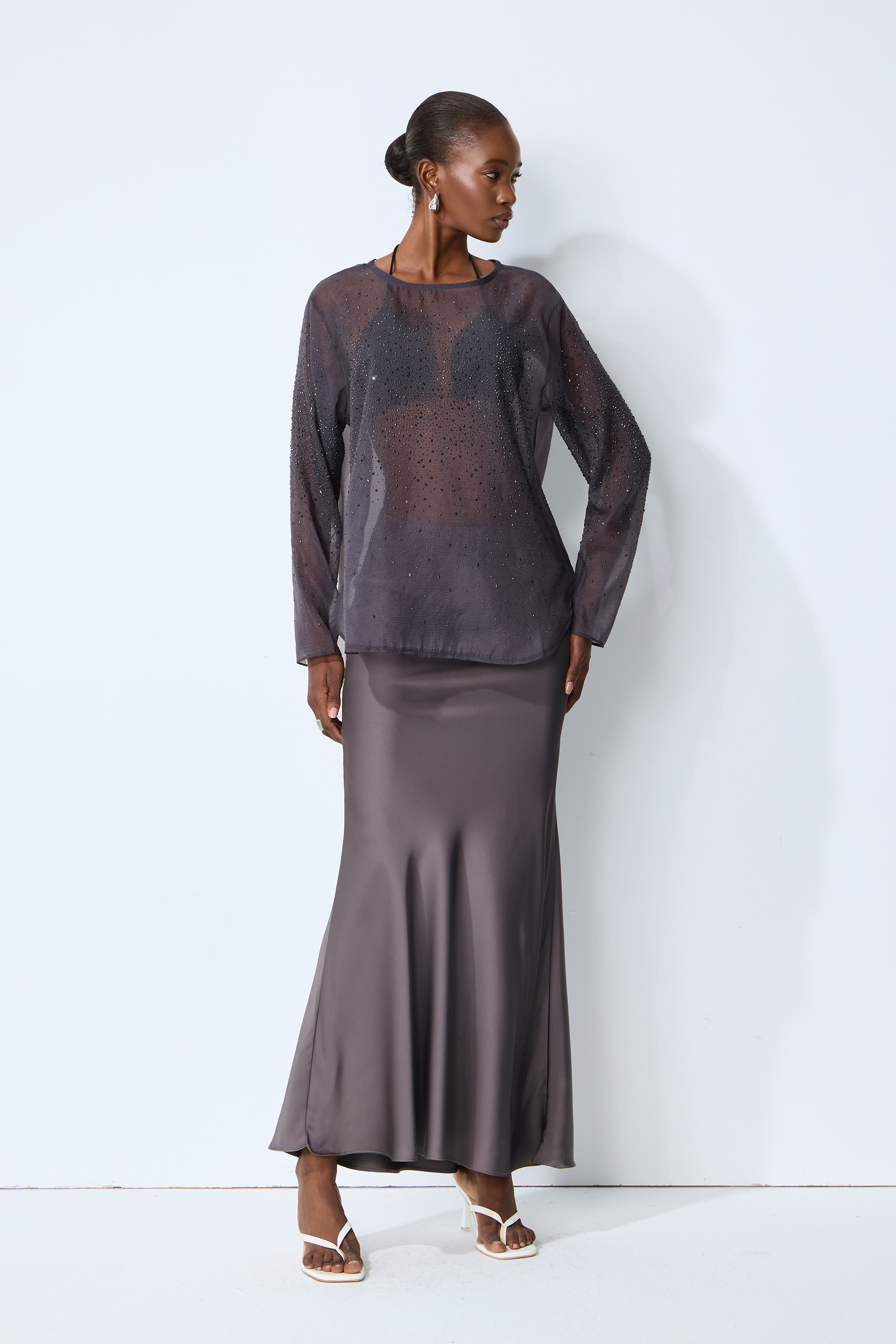 Shine Moment Grey Sheer Rhinestone Embellished Blouse