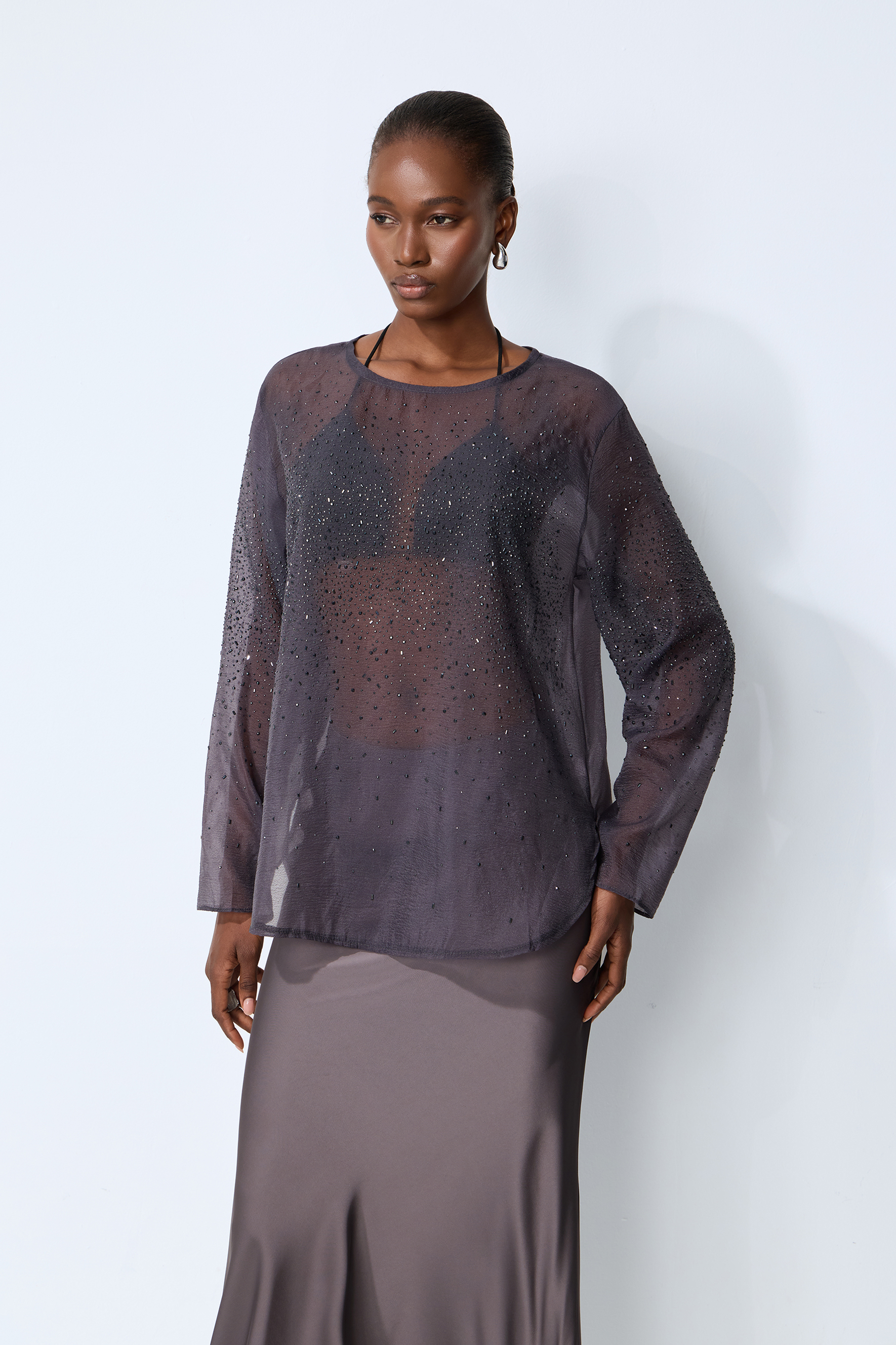 Shine Moment Grey Sheer Rhinestone Embellished Blouse