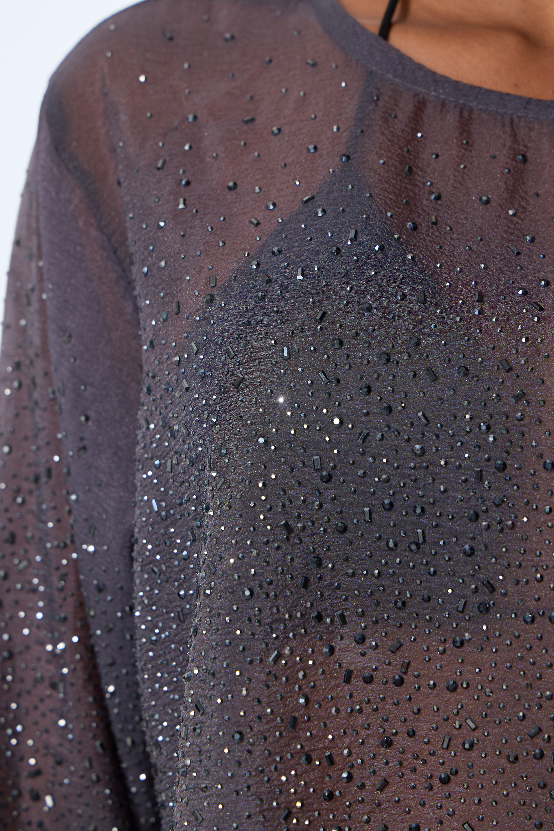 Shine Moment Grey Sheer Rhinestone Embellished Blouse
