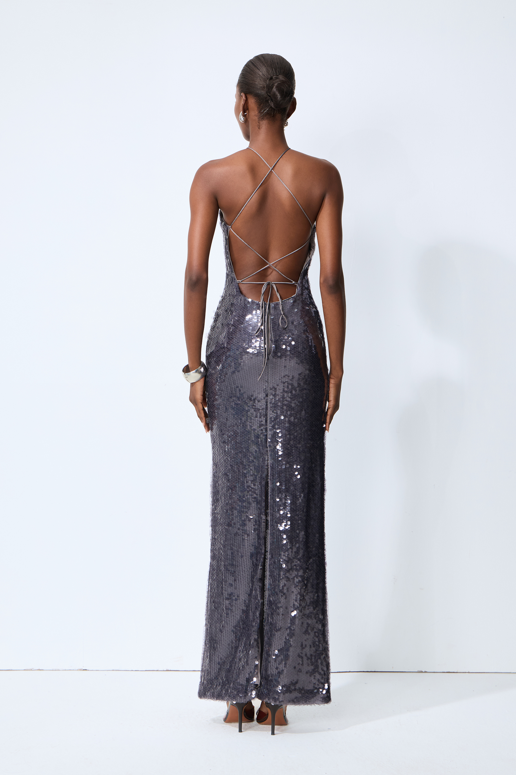 Glow All Night Grey Floral Applique Sequin Maxi Dress