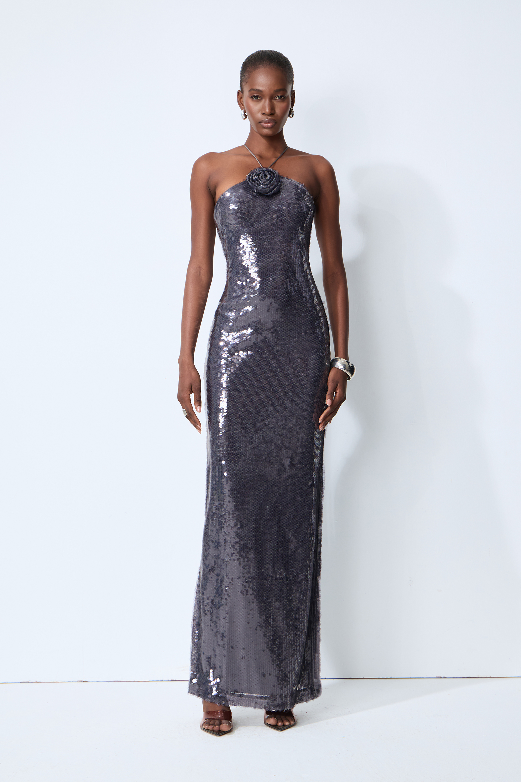 Glow All Night Grey Floral Applique Sequin Maxi Dress